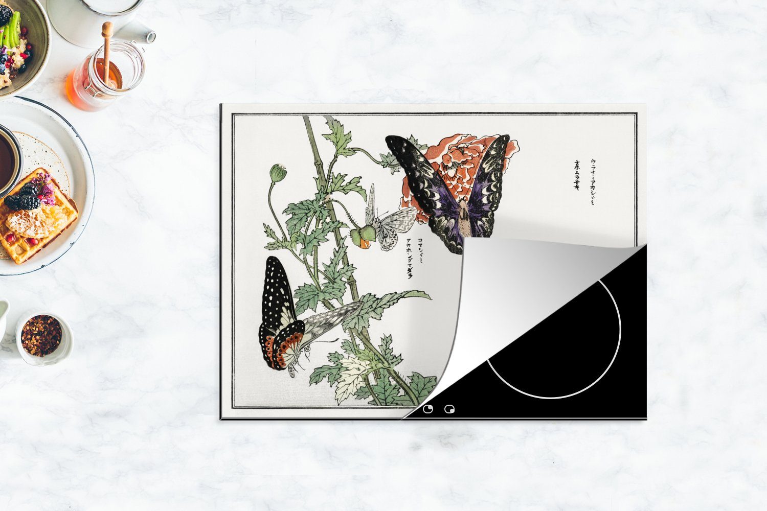 tlg), Herdblende-/Abdeckplatte nutzbar, Mobile Vinyl, Blume, MuchoWow - (1 Ceranfeldabdeckung Schmetterling - 70x52 Arbeitsfläche cm, Japan