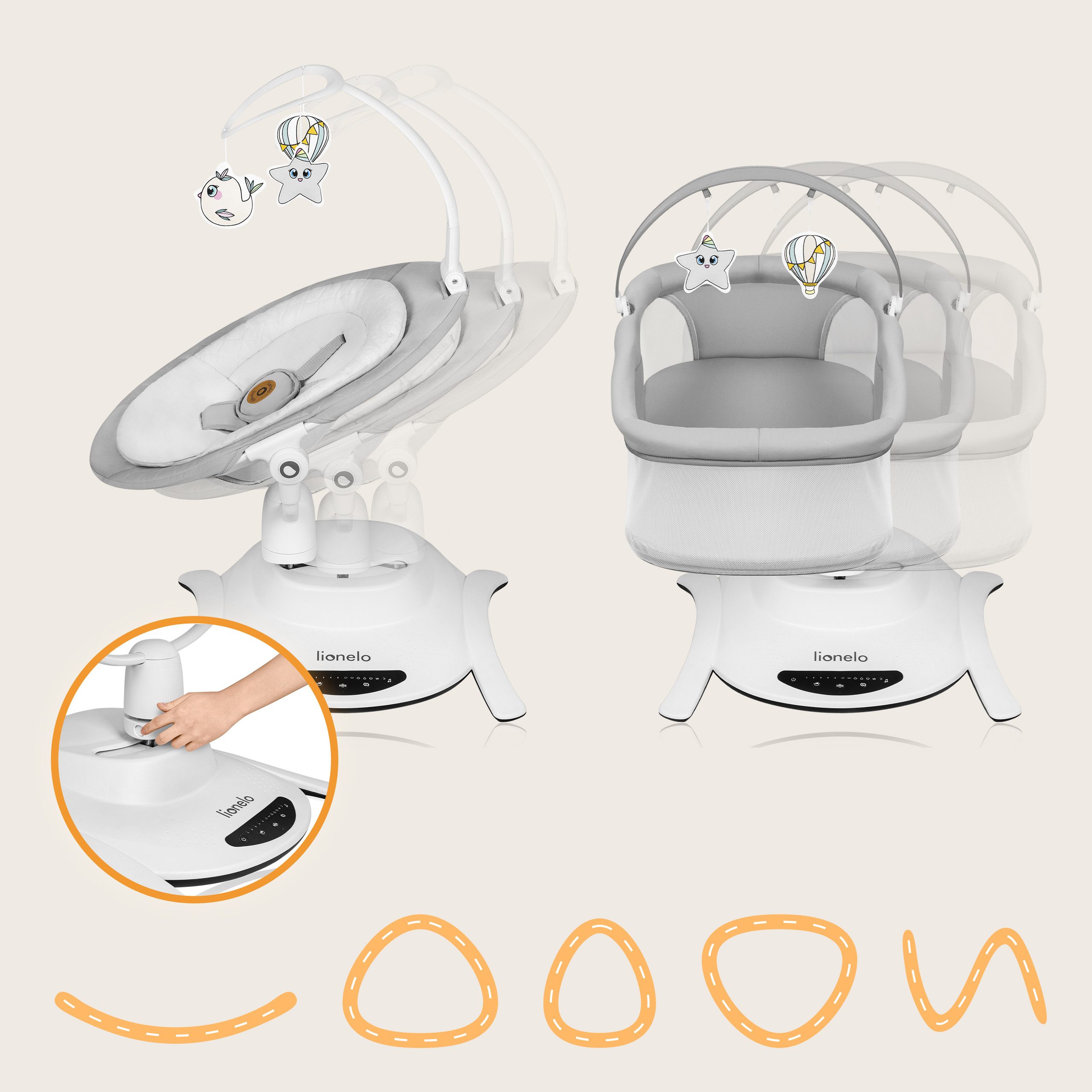 lionelo Babywippe Bella und Bella Set, 360' drehbarer Sitz, 12 beruhigende Melodien mit Lautstärkeregelung