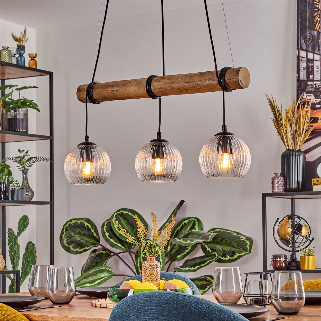 hofstein Pendelleuchte Hängelampe aus Metall/Holz/Riffelglas in Schwarz/Naturfarben/Klar, ohne Leuchtmittel, Hängeleuchte Boho mit Glasschirmen, Holzbalken, max 150 cm, 3 x E27
