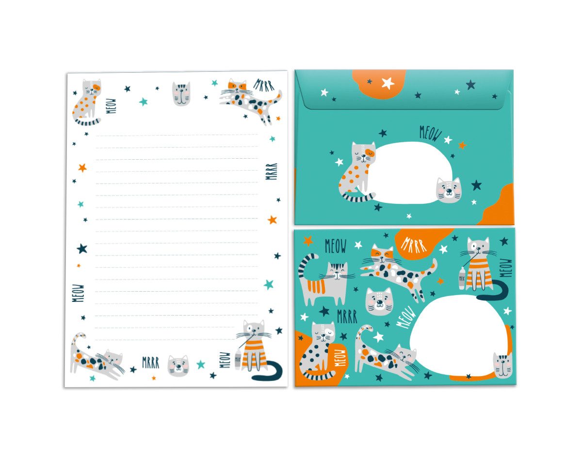 JUNAPACK Briefpapier Set Kinder Briefblock A5 mit Umschlägen Notizblock Papier Katzen blau, Kinder-Briefpapier A5 mit 15 Umschlägen, liniert & leicht beschreibbar