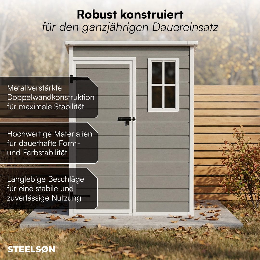 STEELSØN Gerätehaus Novara mit Bodenplatte, wetterfest, Geräteschuppen mit Pultdach, Gartenhaus inkl. Fenster
