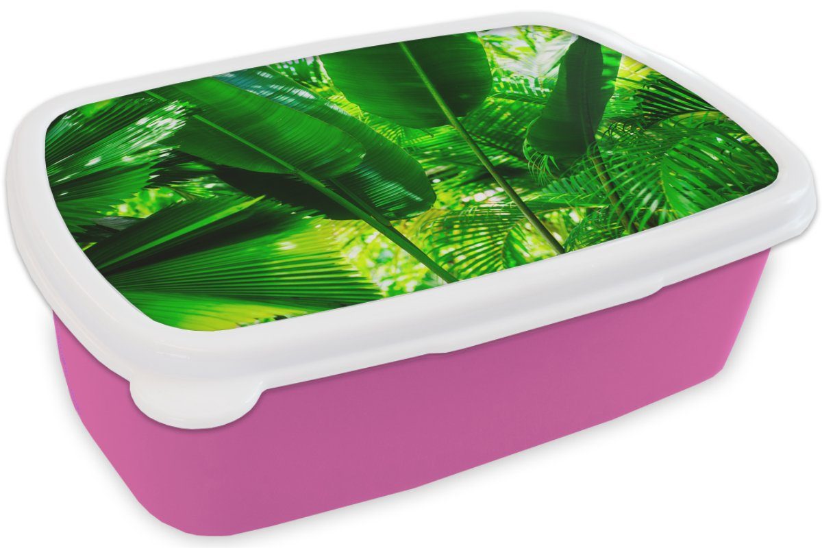 MuchoWow Lunchbox Tropische Blätter (2-tlg), Kinder, Kunststoff Erwachsene, Mädchen, im für rosa Kunststoff, Dschungel Snackbox, Brotdose Brotbox Fotodruck