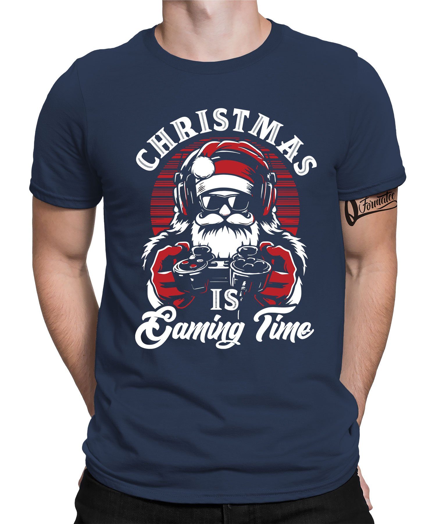 Formatee Gaming Weihnachtsgeschenk Herren Navy Weihnachten (1-tlg) - Quattro Kurzarmshirt Nikolaus Weihnachtsmann Blau