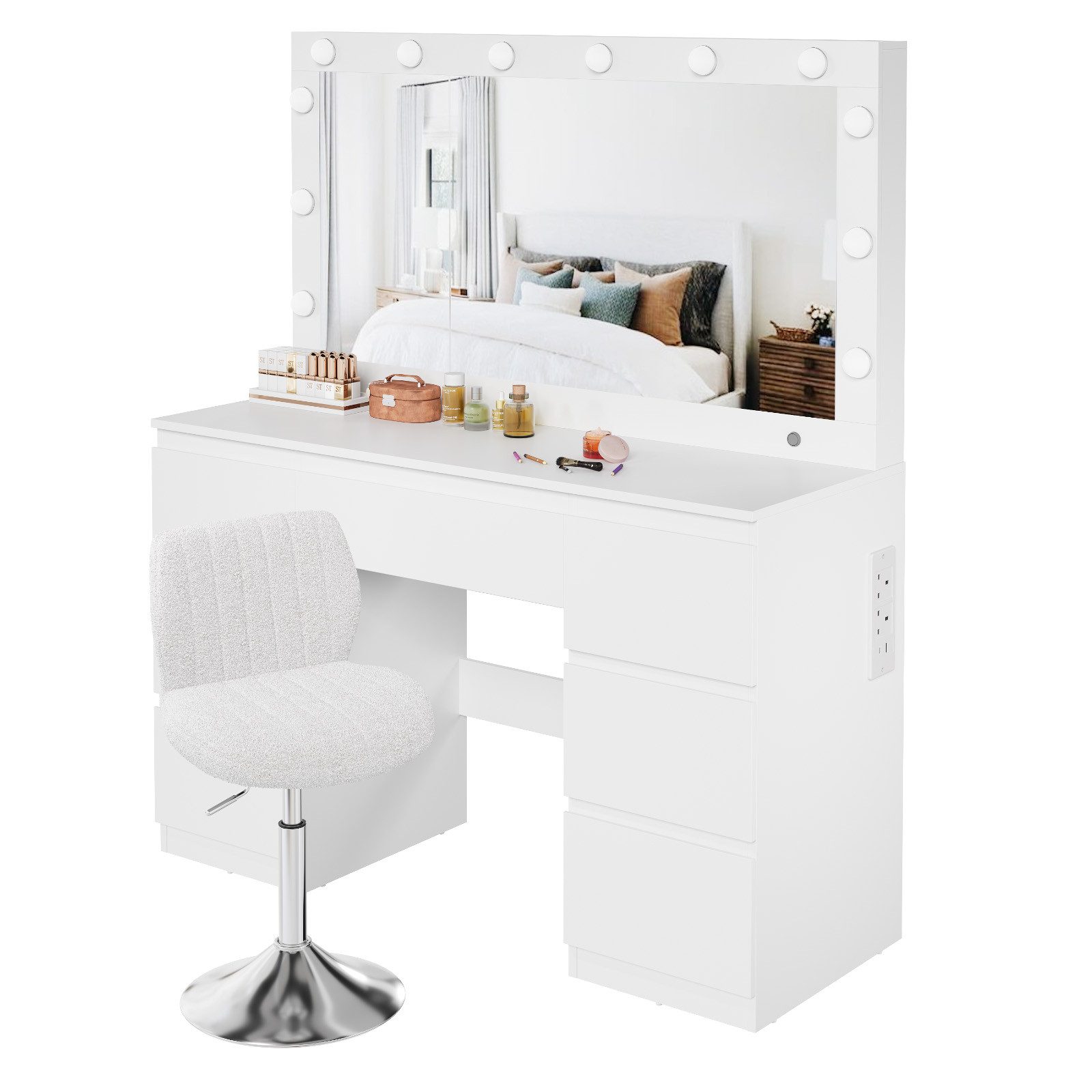 Furnicopia Schminktisch Großer verspiegelter Schminktisch mit sieben Schubladen (Abmessungen: 120 × 40 × 140 cm, 2 Steckdosen, 1 USB-Anschluss, 1 Typ-C-Anschluss. Spiegeldurchmesser: 106 cm. Inklusive Schmuckschrank mit speziellen Fächern für Halsketten, Ringe und Ohrringe-ostern geschenke)