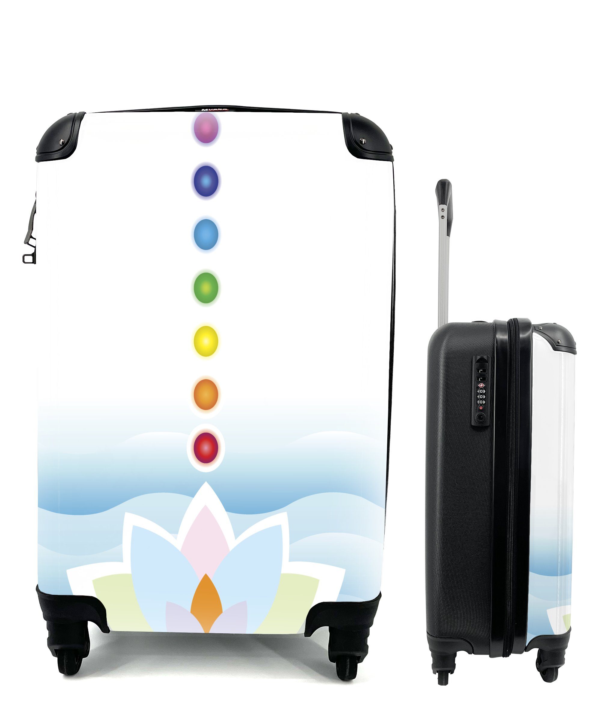mit Illustration einer für Handgepäckkoffer den Lotusblume Handgepäck 4 Reisekoffer Reisetasche Ferien, MuchoWow sieben Trolley, rollen, Chakren, mit Rollen,