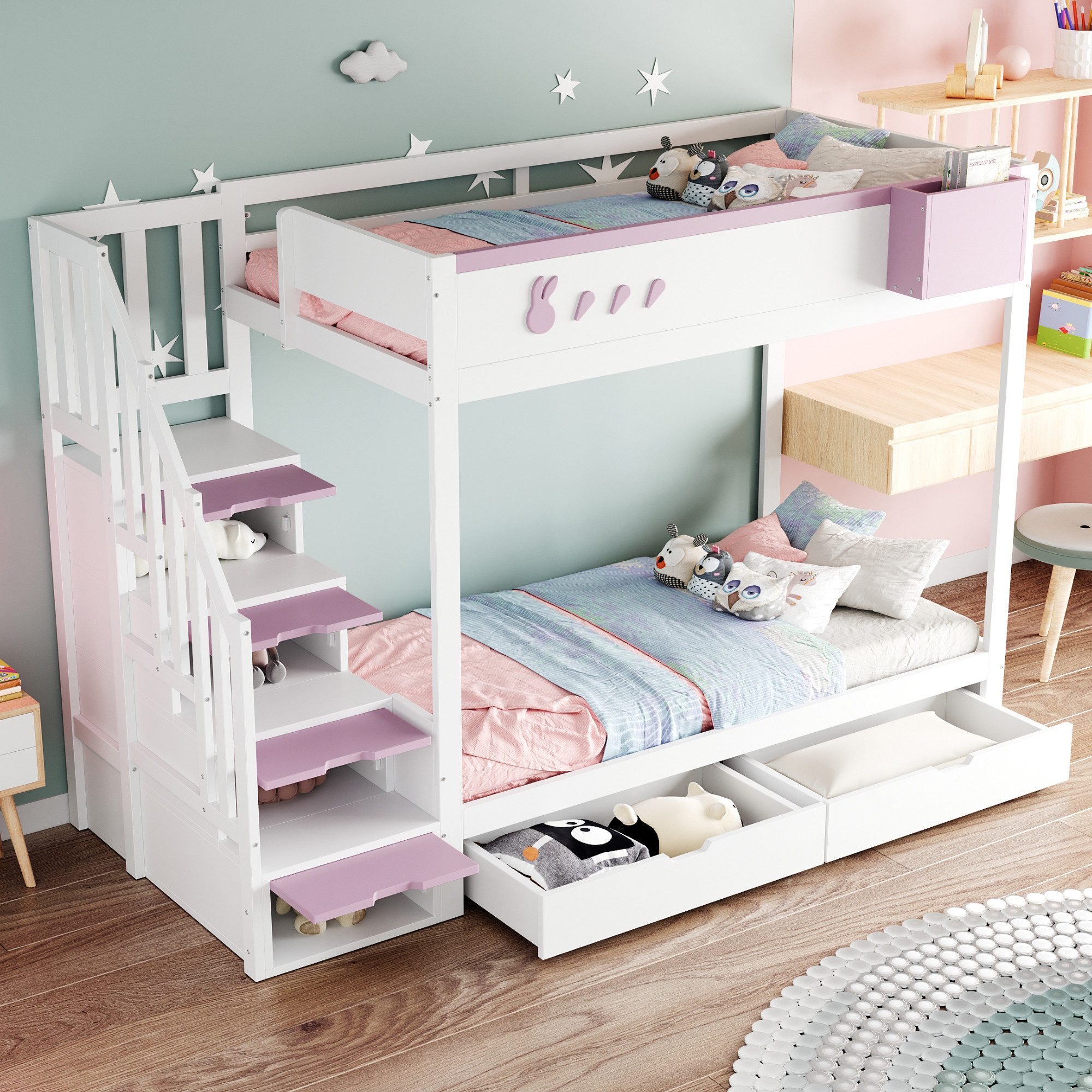 OKWISH Etagenbett Kinderbett Holzbett (mit Kaninchen- & Karottenmotiven, abnehmbarem Ablagefach, Schubladen, Lattenrost und sicherer Leiter, 90×200 cm), ohne Matratze