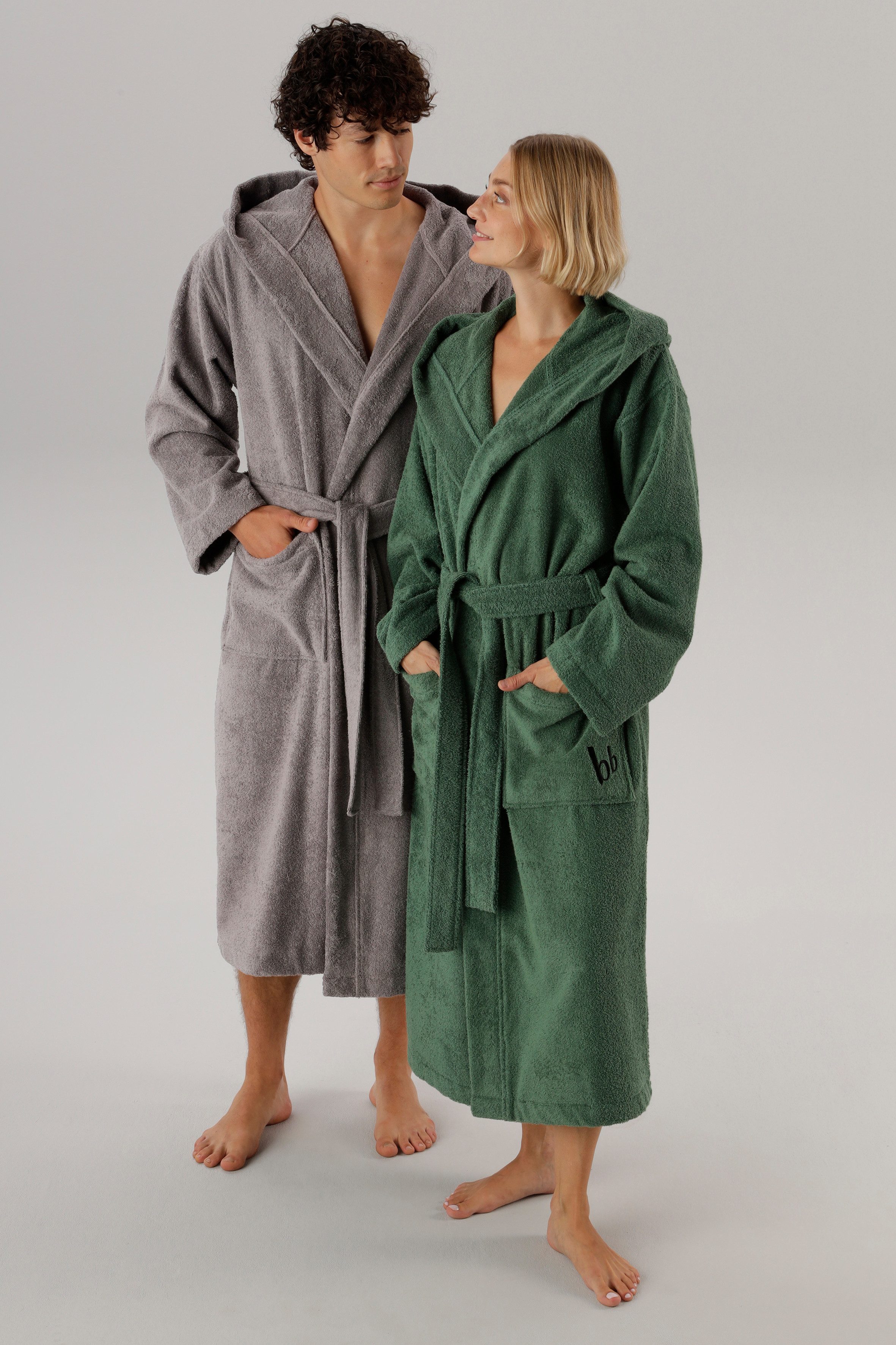 Bruno Banani Unisex-Bademantel Robby, ideal für Sauna & Spa, Standard, Premium und Überlänge, Langform, Walkfrottee, Kapuze, Gürtel, Damen & Herren Bademäntel, Baumwolle, mit Taschen, Sauna, XS-3XL