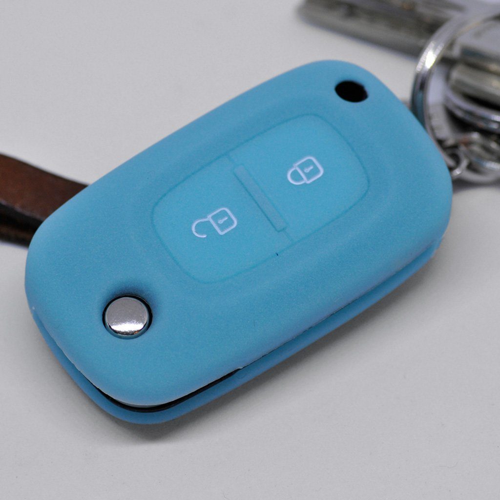 mt-key Schlüsseltasche Autoschlüssel Softcase Silikon Schutzhülle fluoreszierend Blau, für Renault Kangoo Smart Forfour Clio III Twingo Mercedes Benz Citan