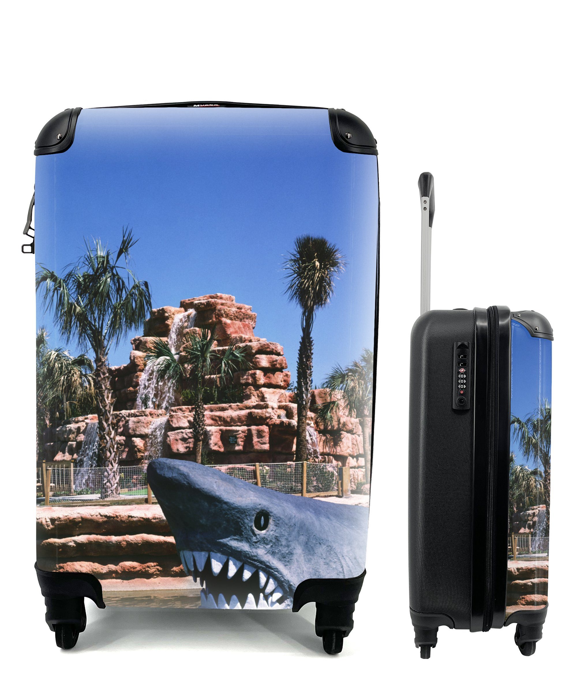 MuchoWow Handgepäckkoffer Amerika - Hai - Wasser, 4 Rollen, Reisetasche mit rollen, Handgepäck für Ferien, Trolley, Reisekoffer