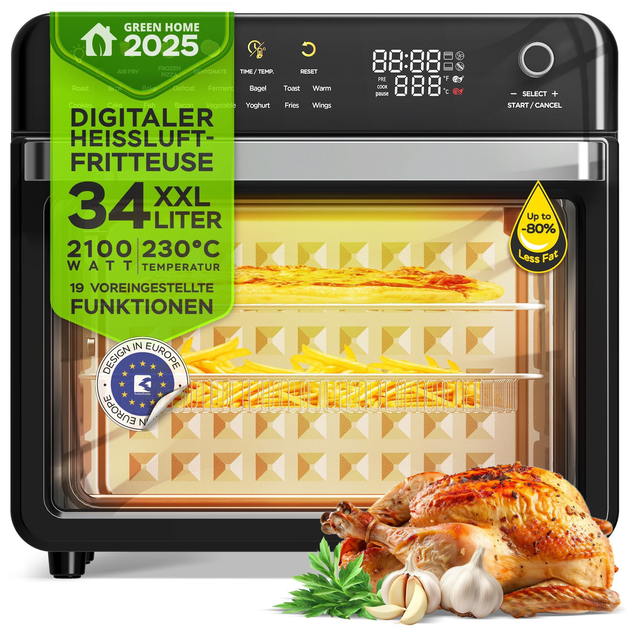 TurboTronic by Z-Line Minibackofen 34 L Dörrautomat & Heißluftfritteuse 2100 W Power Backofen 40-230°C, 19in1 Heißluftofen mit Dörrfunktion Grill Airfryer 0,5 kg Pommes