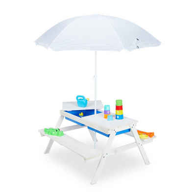 relaxdays Garten-Kindersitzgruppe Weiße Kindersitzgruppe Holz mit Schirm