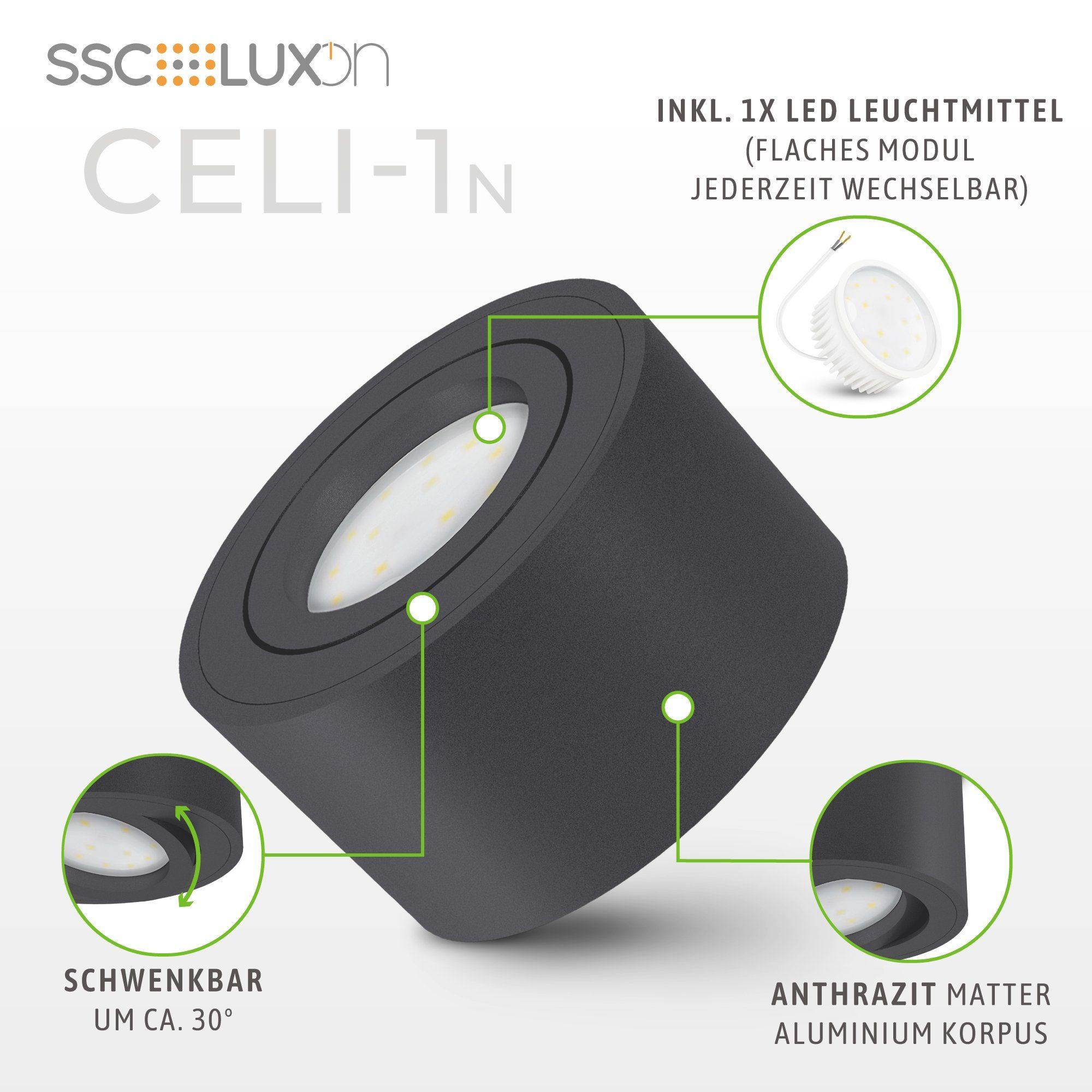 CELI-1N flach RGB LED, anthrazit RGB mit Aufbauspot SSC-LUXon Aufbauleuchte Smart Wifi schwenkbar