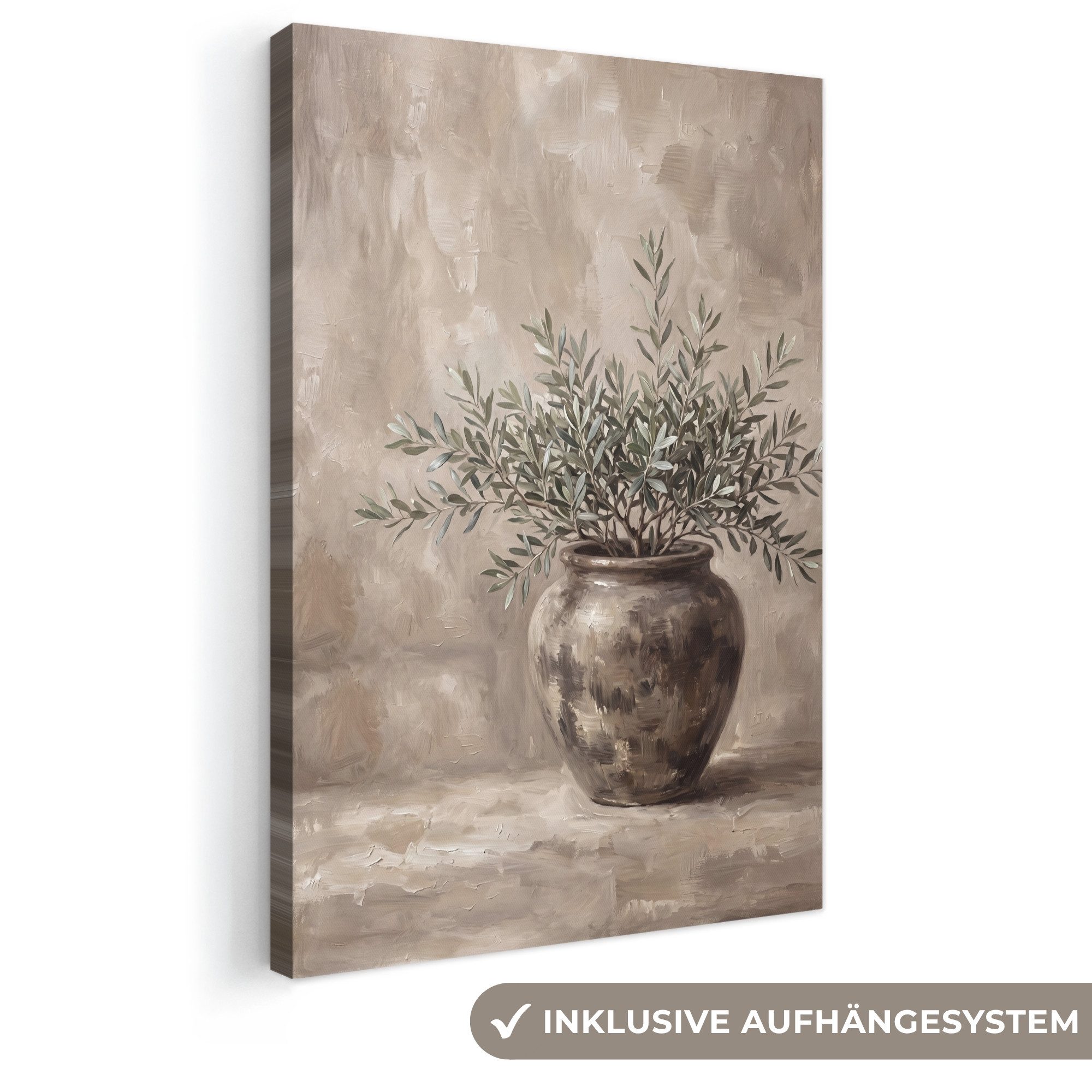 OneMillionCanvasses® Leinwandbild Olivenpflanze - Tontopf - Abstrakt - Beige, Fotodruck (1 St), Leinwand Canvas Wandbild, Wanddekoration 20x30 cm