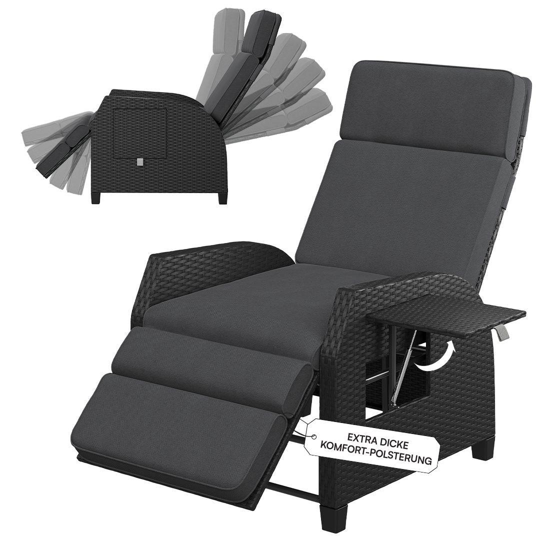 STEELSØN Gartensessel Caelum Gartensessel mit Liegefunktion, mit Ausklapptisch (Schwarz, 1-St), Rattan Liegesessel, ausklappbarer Tisch