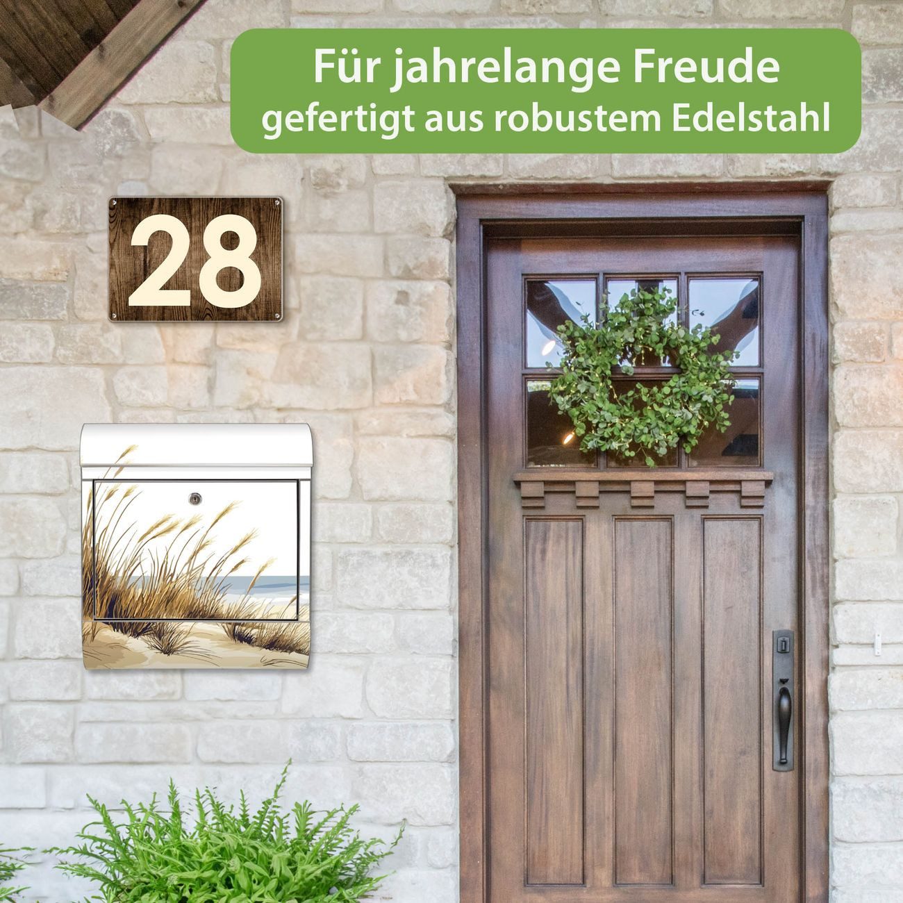 banjado Wandbriefkasten Edelstahl mit Motiv Dünenlandschaft am Meer (Wandbriefkasten groß, mit Zeitungsfach), 38 x 42,5 x12 cm