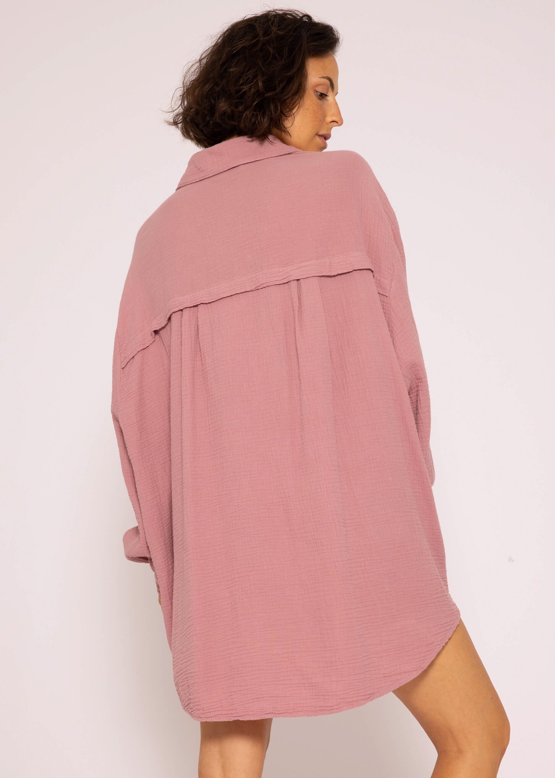 Bluse One (Gr. 36-48) Longbluse Langarm Hemdbluse Musselin aus Damen lang Altrosa Oversize V-Ausschnitt, SASSYCLASSY Size Baumwolle mit