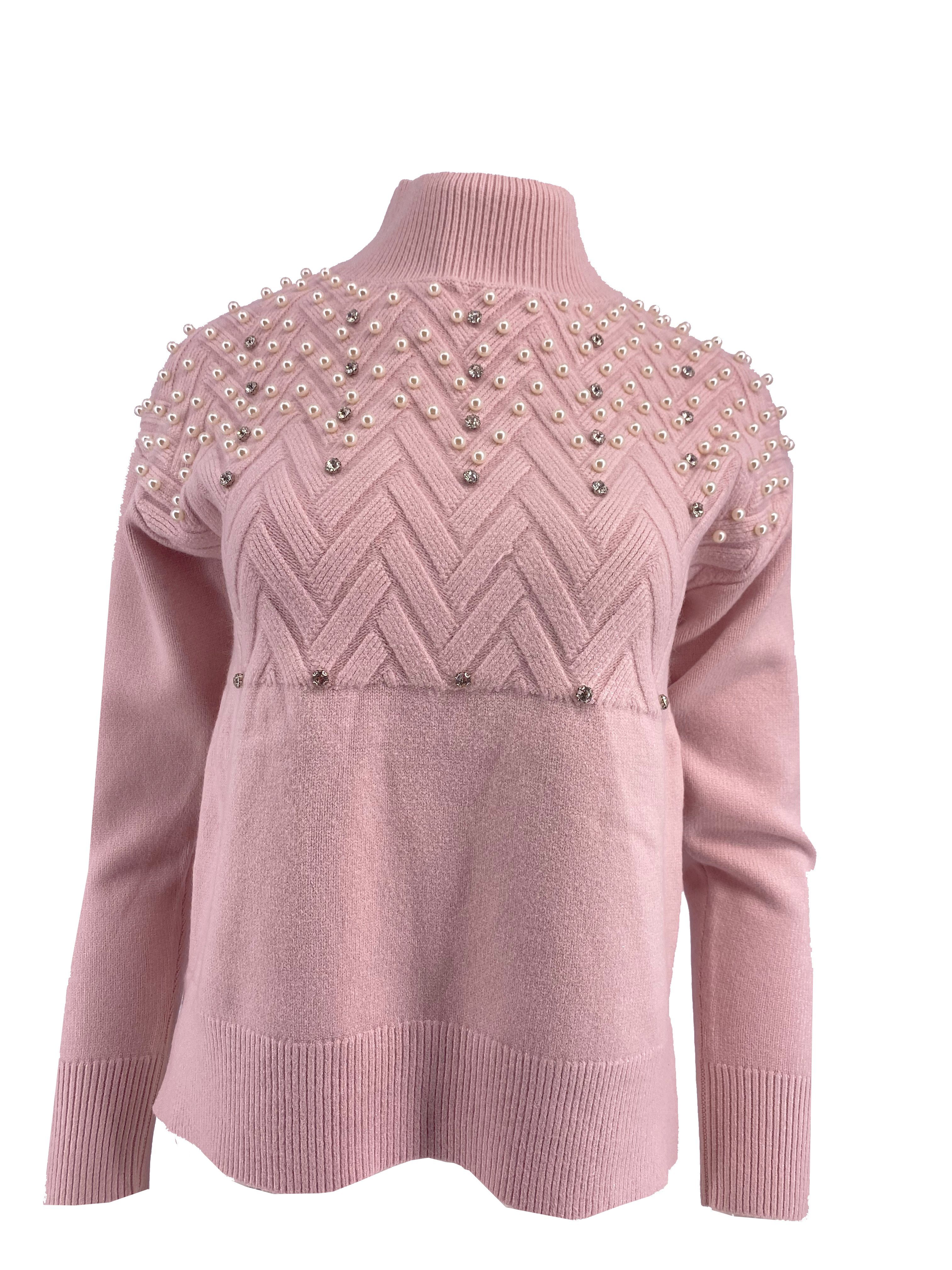 Passioni Strickpullover Pullover im Vokuhila-Stil mit Schmuck-Applikationen | Strickpullover