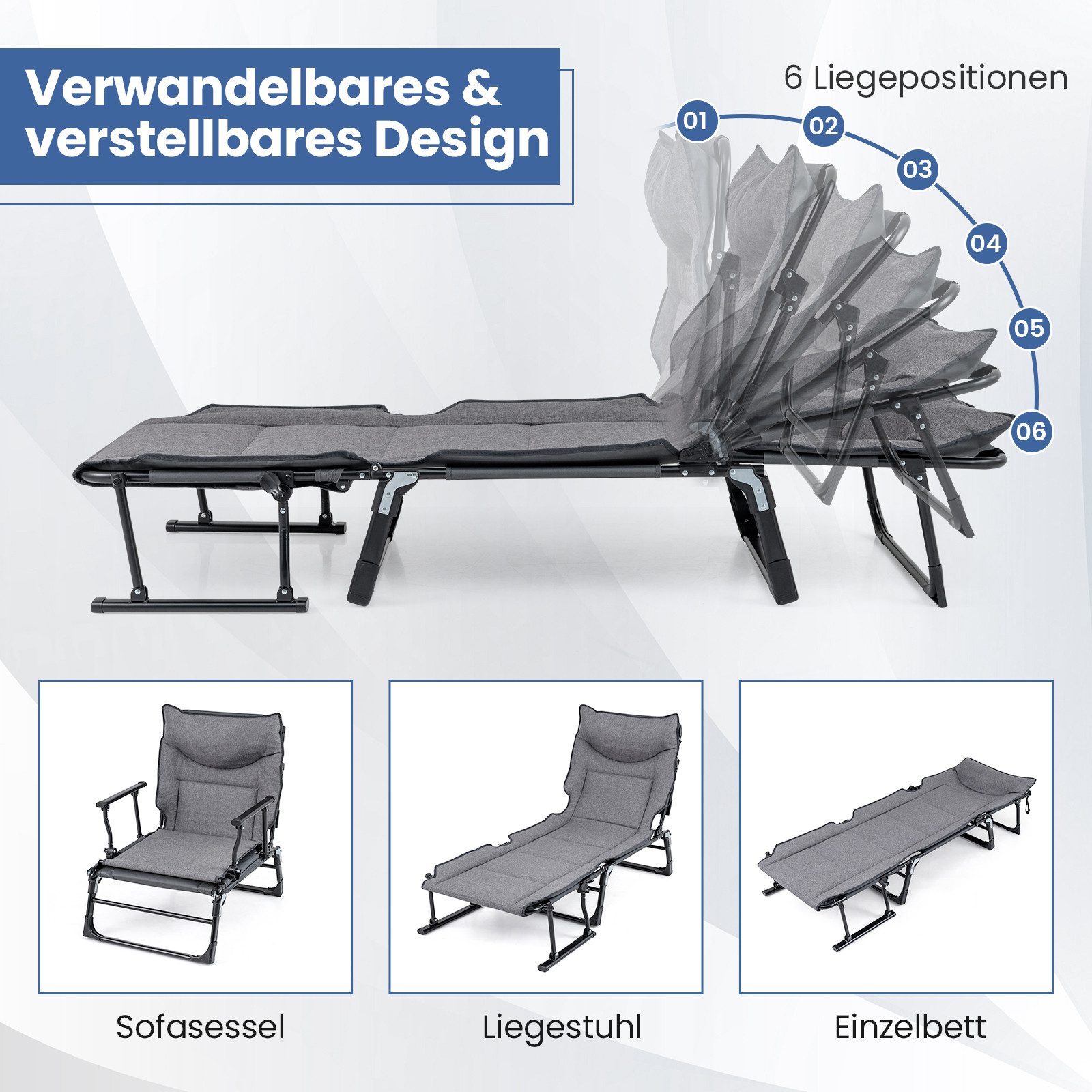 COSTWAY Gartenliege, 3 in 1 Klappbett mit Auflage, Kopfstütze, verstellbar