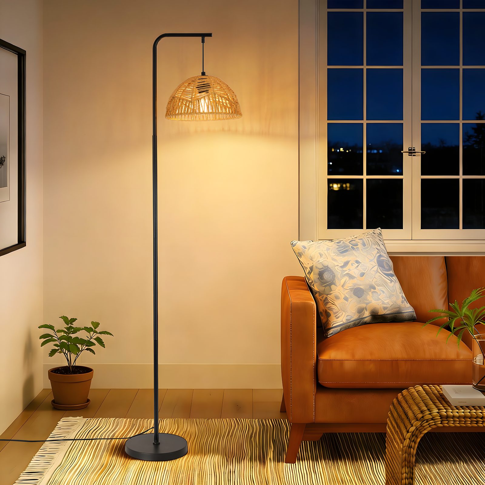 ZMH Stehlampe Wohnzimmer Boho Stehleuchte Schwarz Standleuchte Seil Schirm, Wohnzimmerlampe Stehend E27 1 Flammig Vintage