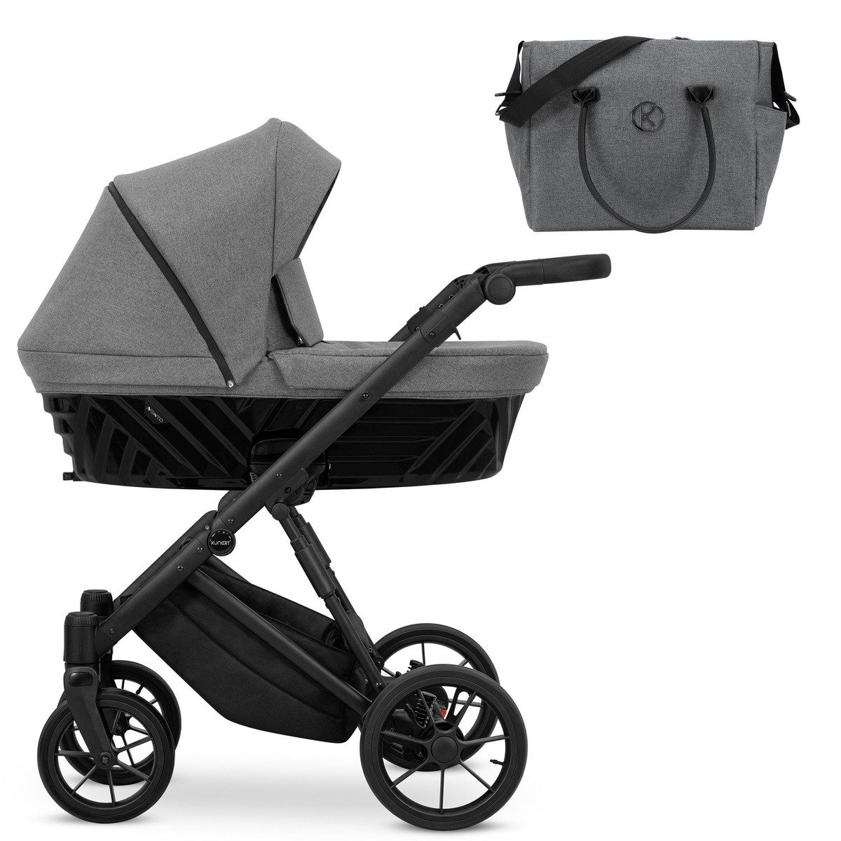 KUNERT Kombi-Kinderwagen IVENTO 2in1 Kinderwagen mit schwarzem Rahmen und Zubehör, Leichtes Aluminiumgestell, große Räder für verschiedene Untergründe