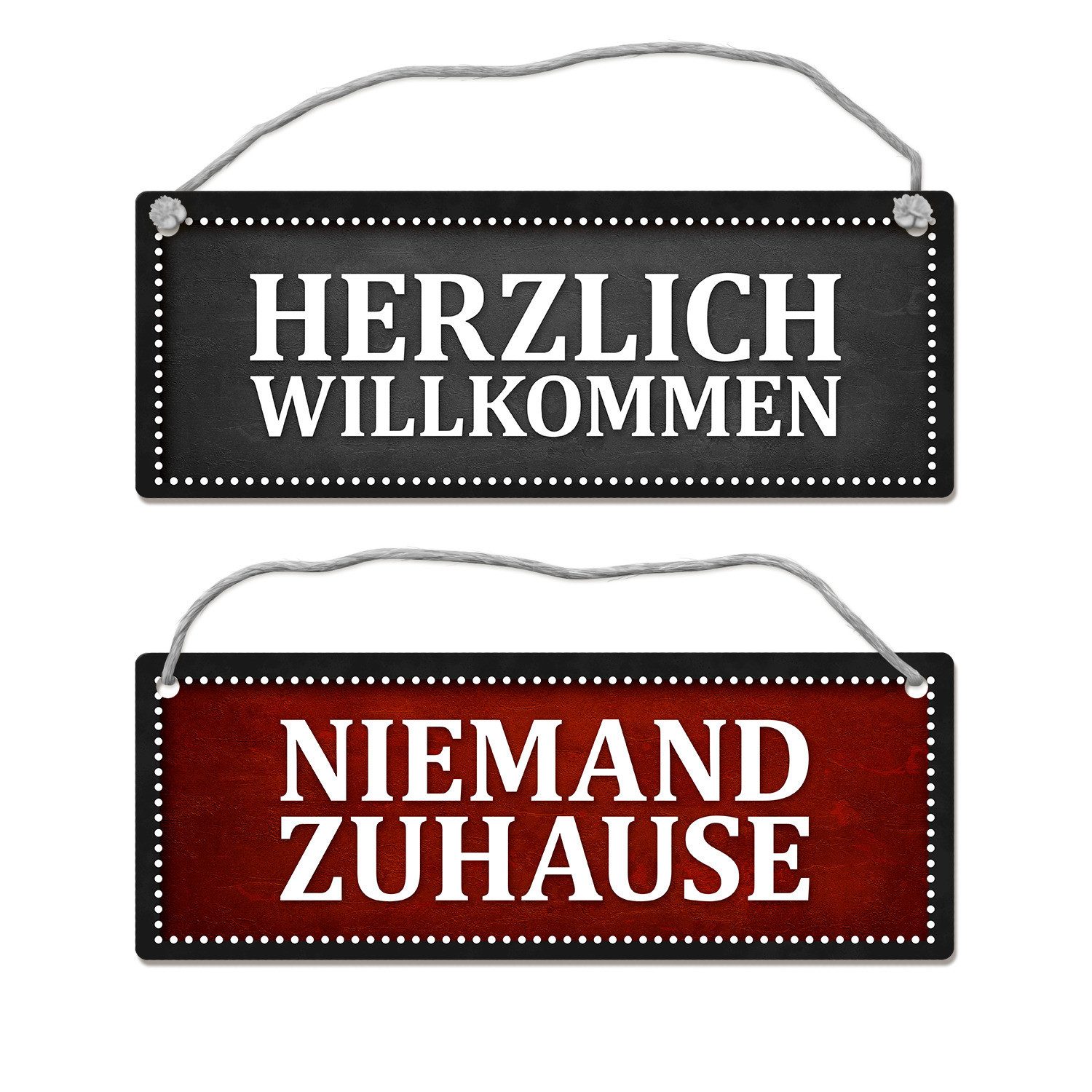 Metallschild Niemand Zuhause oder Willkommen Wendeschild mit Kordel in Rot und