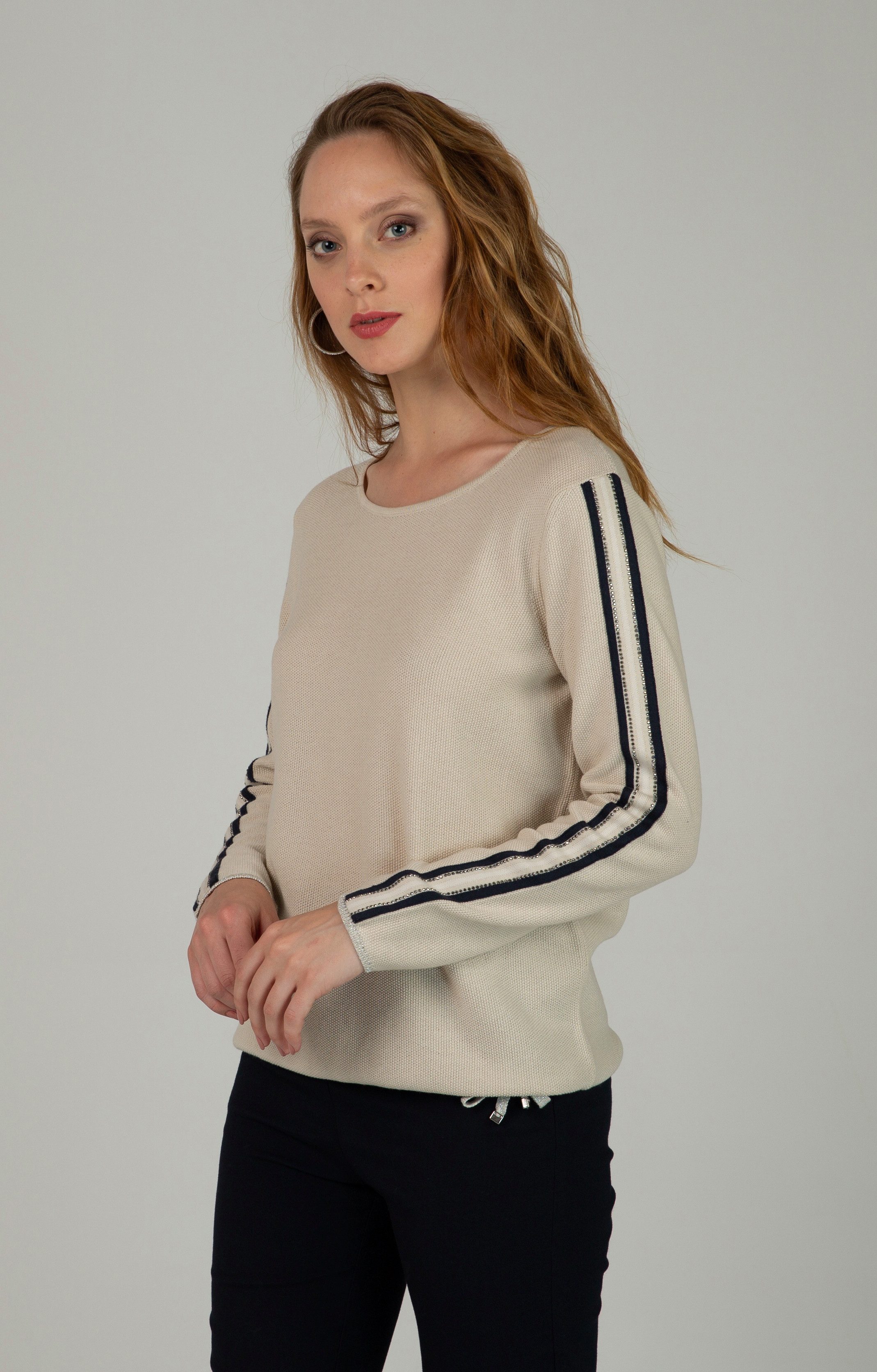 Passioni Rundhalspullover lässiger Pullover mit Glitzerdetails Streifen entlang der Ärmel
