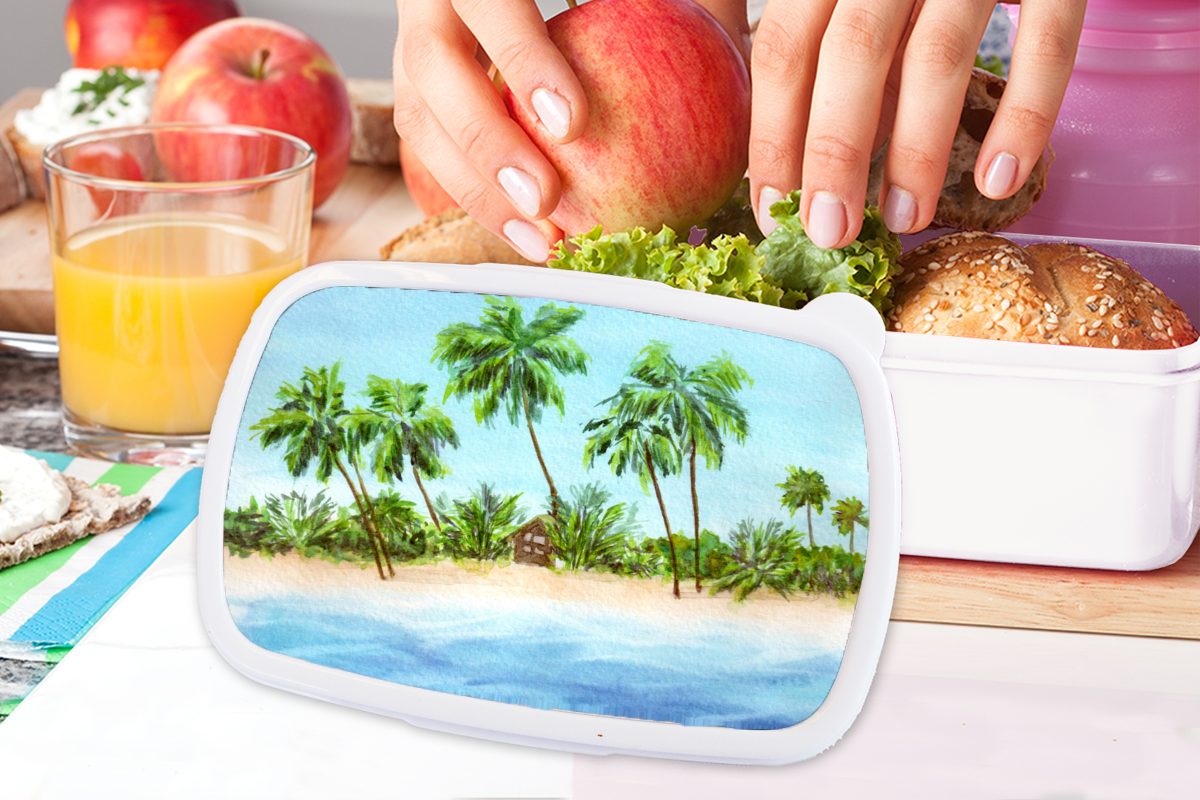 MuchoWow Lunchbox Palme - für Strand, Brotbox weiß Jungs - (2-tlg), Brotdose, Kinder und für Hütte Kunststoff, Mädchen Erwachsene, und