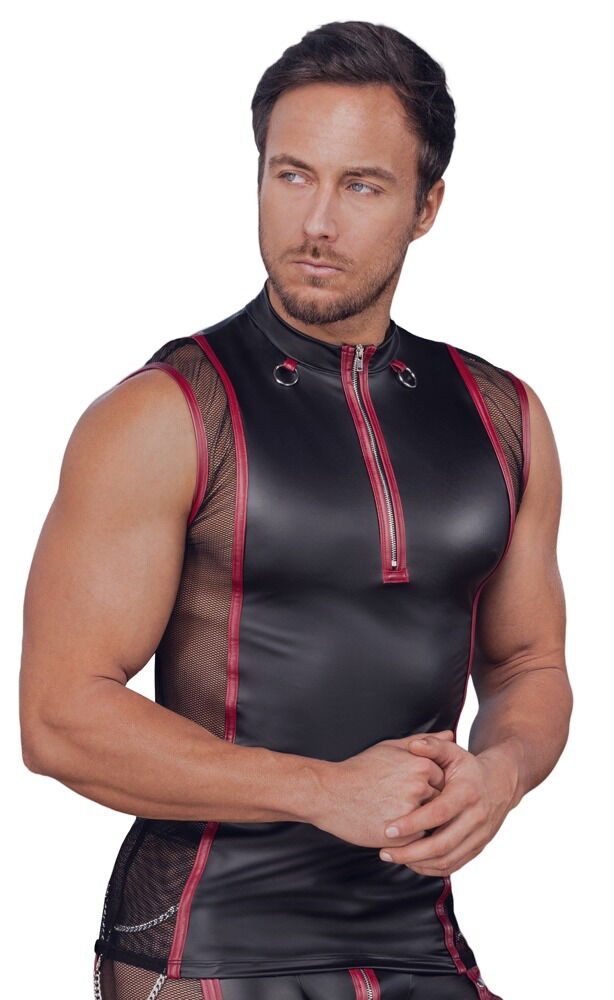 NEK Muskelshirt Shirt halb transparent halb Wettlook mit kurzem Reißverschluss - schwa (1-tlg) Kurzer Reißverschluss vorne