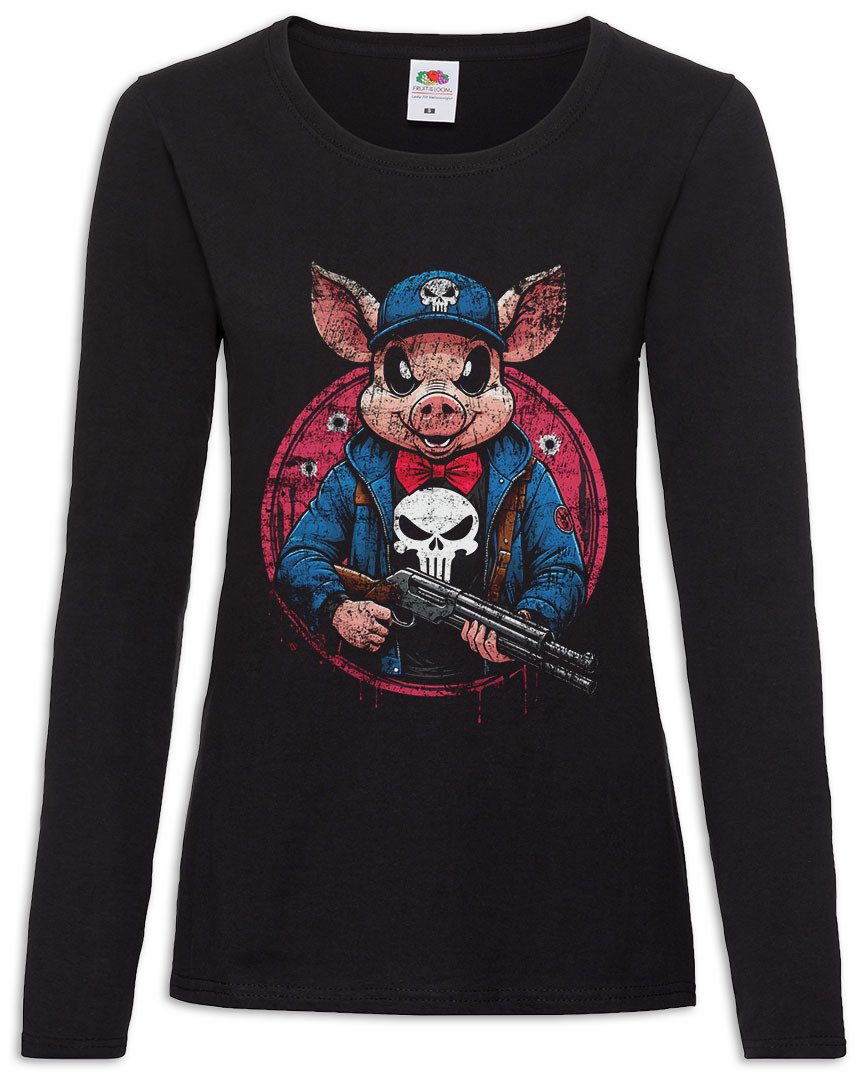 Langarmshirt Vigilante Pig Damen Langarmshirt Skull Logo Toon Cartoon Comic Porky