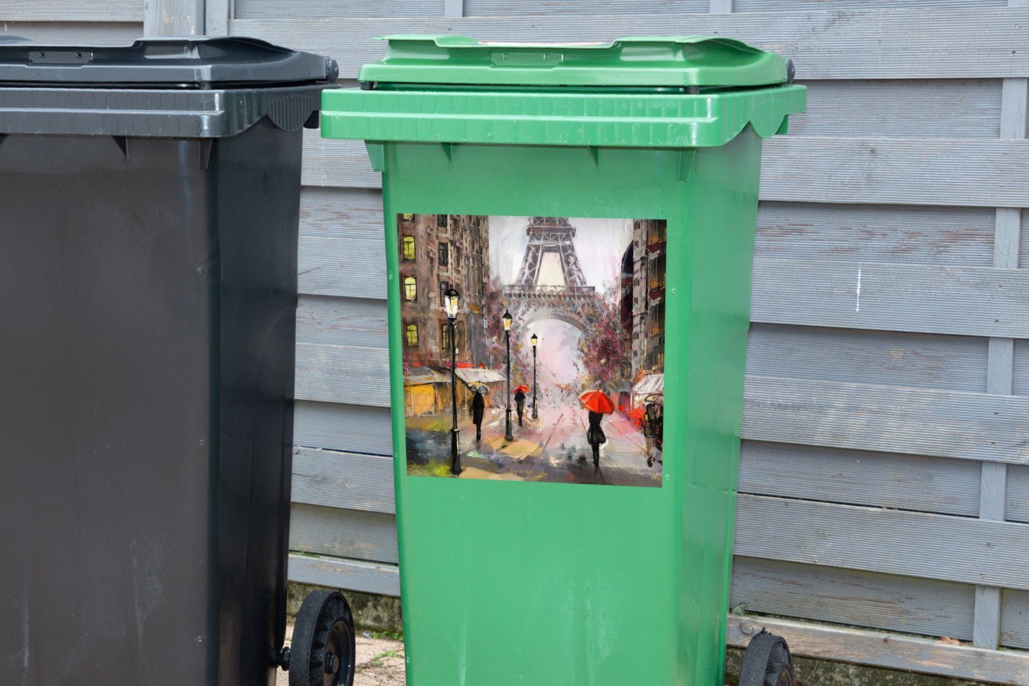 Abfalbehälter Mülltonne, (1 Ölgemälde - - Eiffelturm Container, Gemälde - - MuchoWow St), Paris Regenschirm Wandsticker Mülleimer-aufkleber, Sticker,