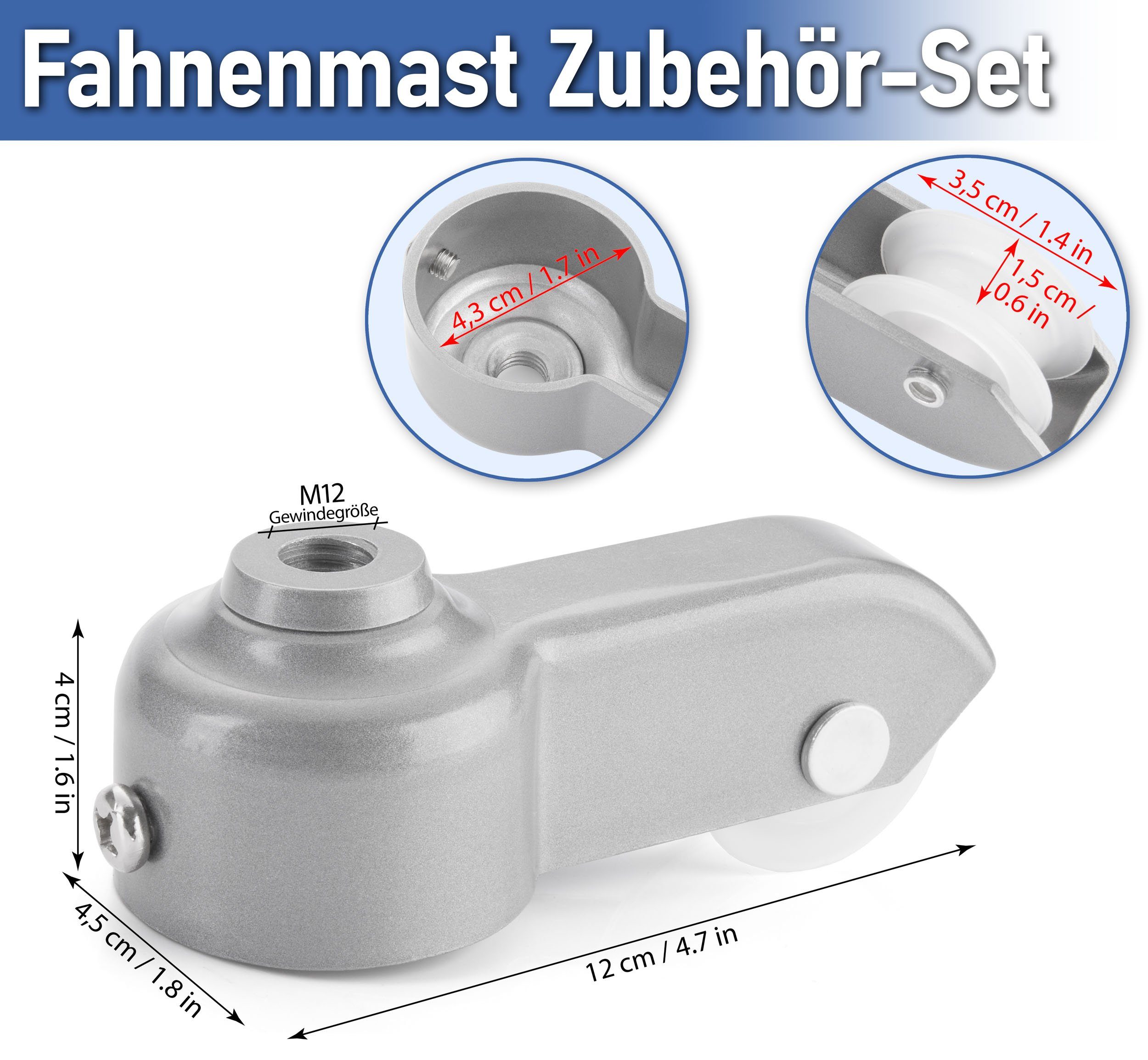 BRUBAKER Fahnenmast Reparaturset - Zubehör Set - Ersatzteile für Flaggenmast, (Für Fahnenmast mit 4,3 cm Ø, 1-St), Seil, Karabiner, Klampe, Aluminium Topper mit Seilrolle + Schrauben