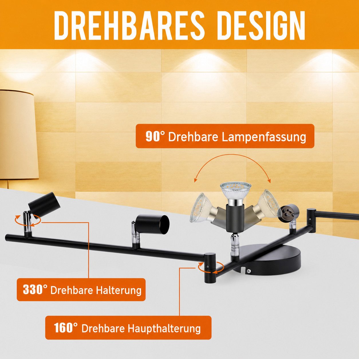 AIBOO Deckenstrahler 6-flammige schwarz mit verstellbarem Winkel, ohne Leuchtmittel, Individuell je nach Leuchtmittel, klappbaren flexiblen Armen, GU10-Fassunge – Bild 5 von 5