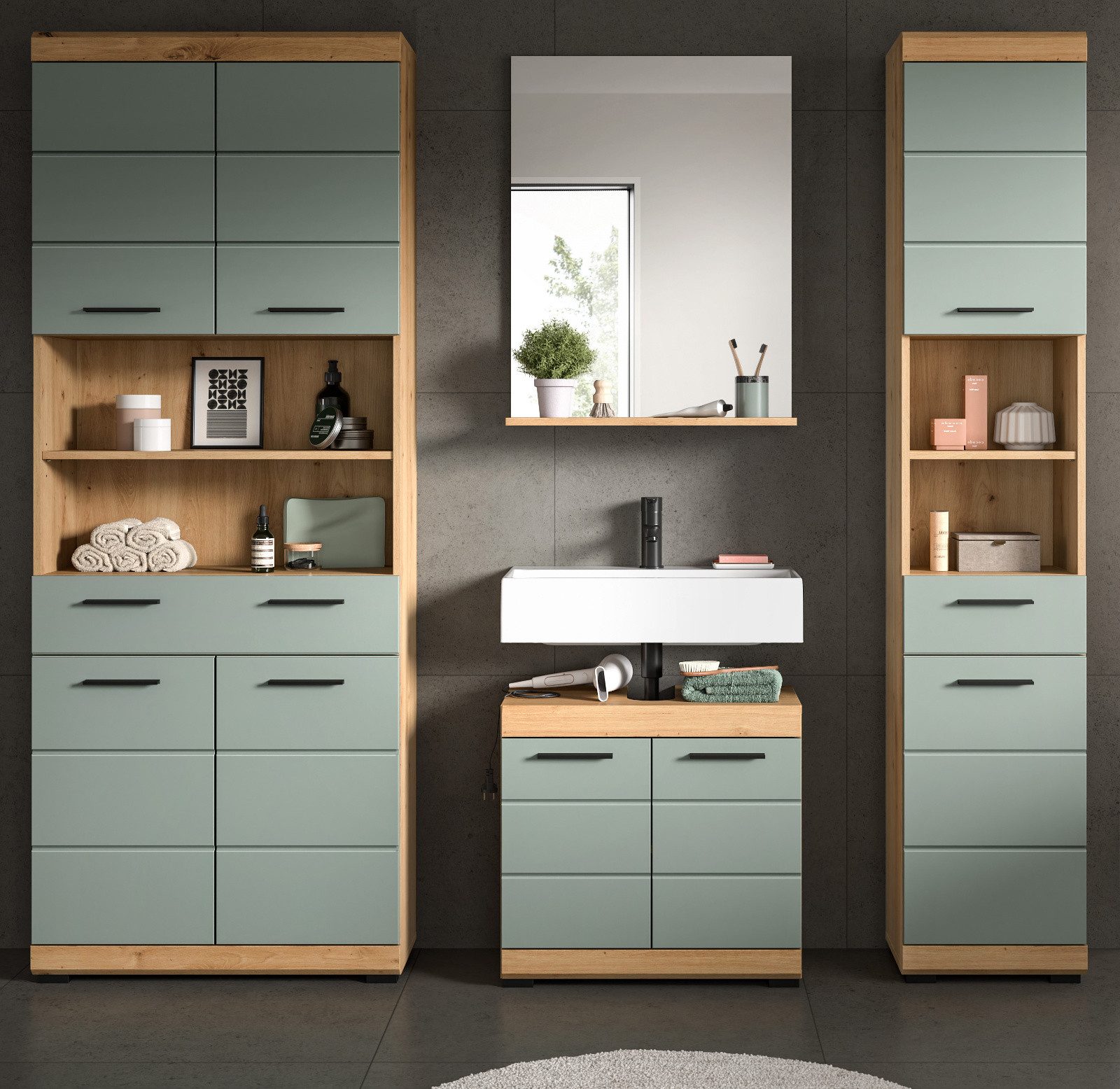 Inn.Furn Badmöbel-Set Shawn, (Badezimmer in Salbei grün und Artisan Eiche, 4-teilig, 200 x 191 cm), mit viel Stauraum – Bild 2 von 5