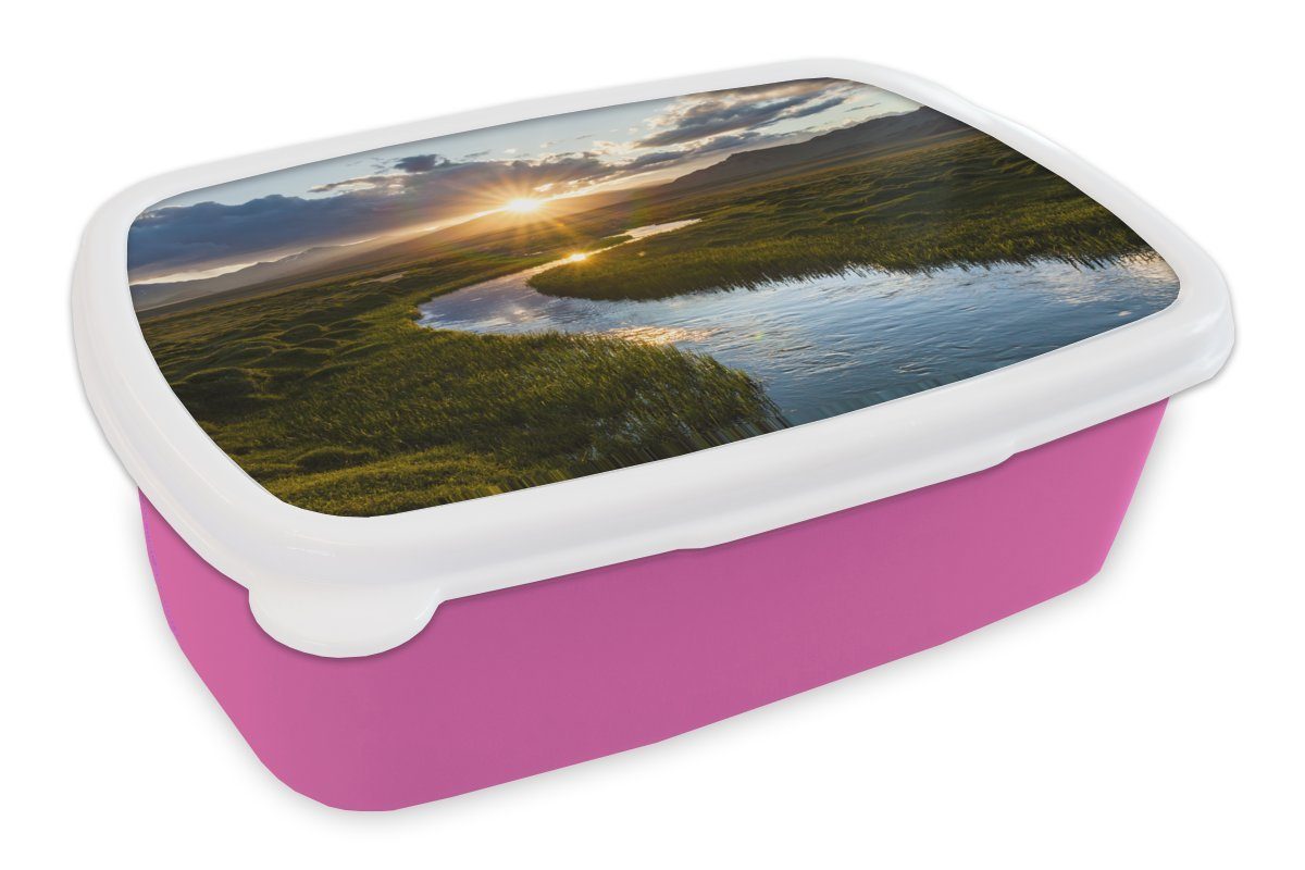 MuchoWow Blick Fluss Snackbox, mit Mädchen, Erwachsene, rosa Sonnenuntergang, auf einen Lunchbox für Brotbox Kunststoff, (2-tlg), Kinder, Brotdose Kunststoff
