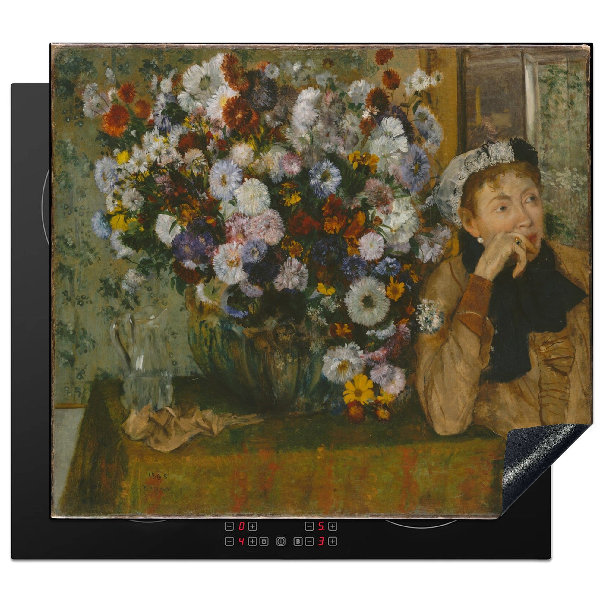 MuchoWow Herdblende-/Abdeckplatte Sitzende Frau neben einer Vase mit Chrysanthemen - Gemälde von Edgar, Vinyl, (1 tlg), 60x52 cm, Mobile Arbeitsfläche nutzbar, Ceranfeldabdeckung