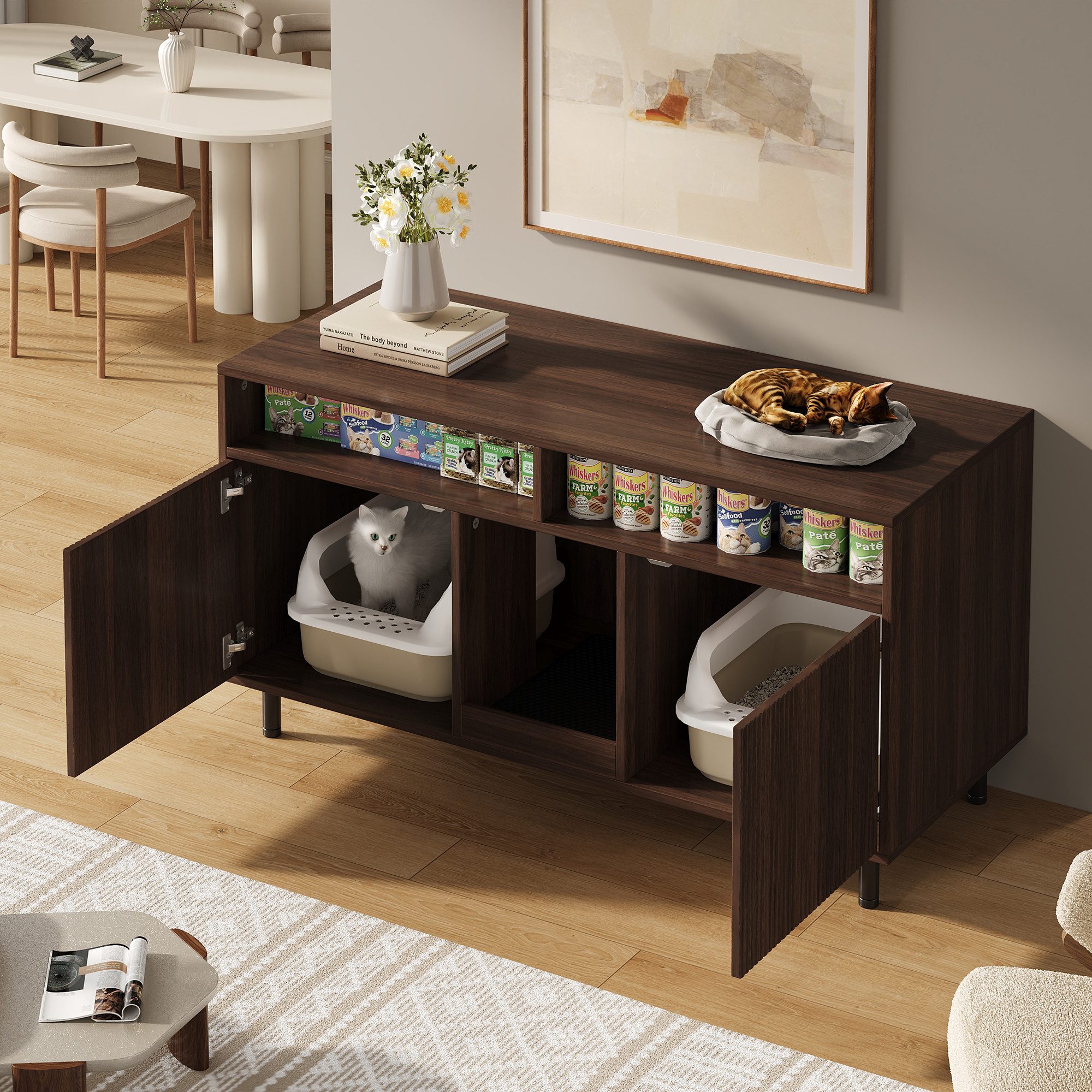 Flieks Mehrzweckschrank mit Sandauffangmatte, Ablage (Sideboard, TV-Schrank, 1-St., 120x50x66 cm) Katzentoiletten, Katzenstreuwanne-Schrank Tierhaus Nussbaumfar – Bild 2 von 5
