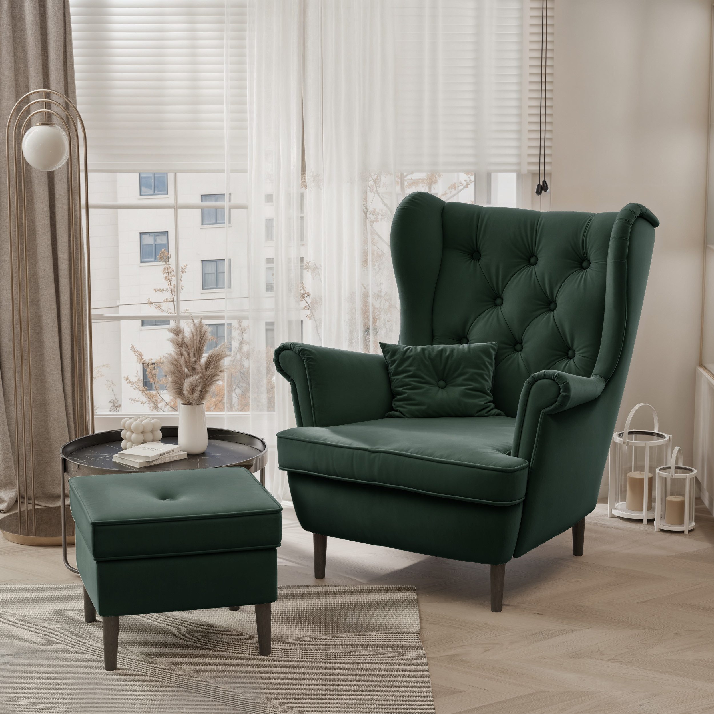 yourhouse24 Sessel SCANDI – Inklusive Fußhocker & Zierkissen (Einzelsessel), Frei im Raum stellbar