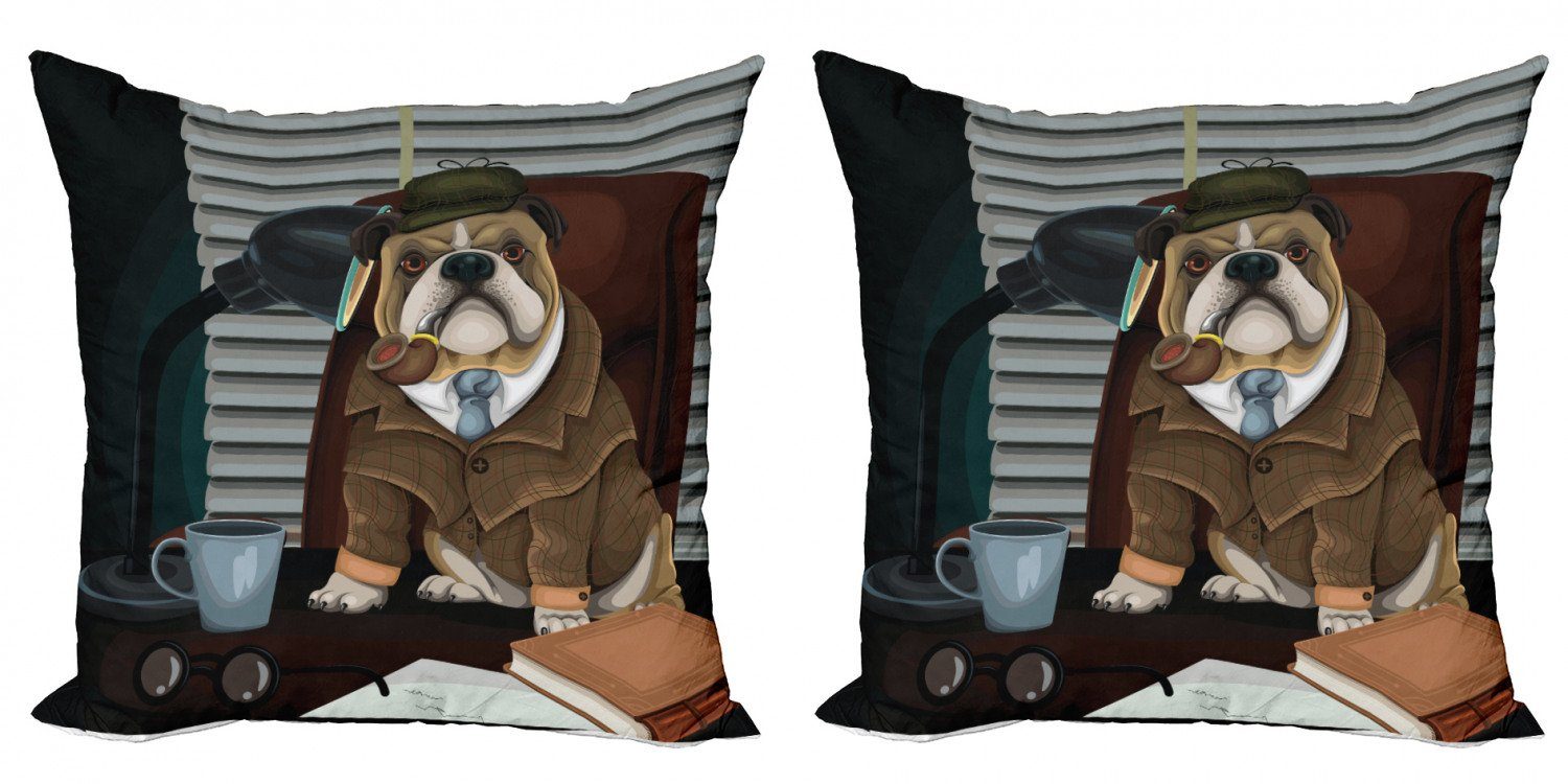 Doppelseitiger Dog Accent Englische (2 Bulldogge Modern Detective Kissenbezüge Digitaldruck, Stück), Abakuhaus