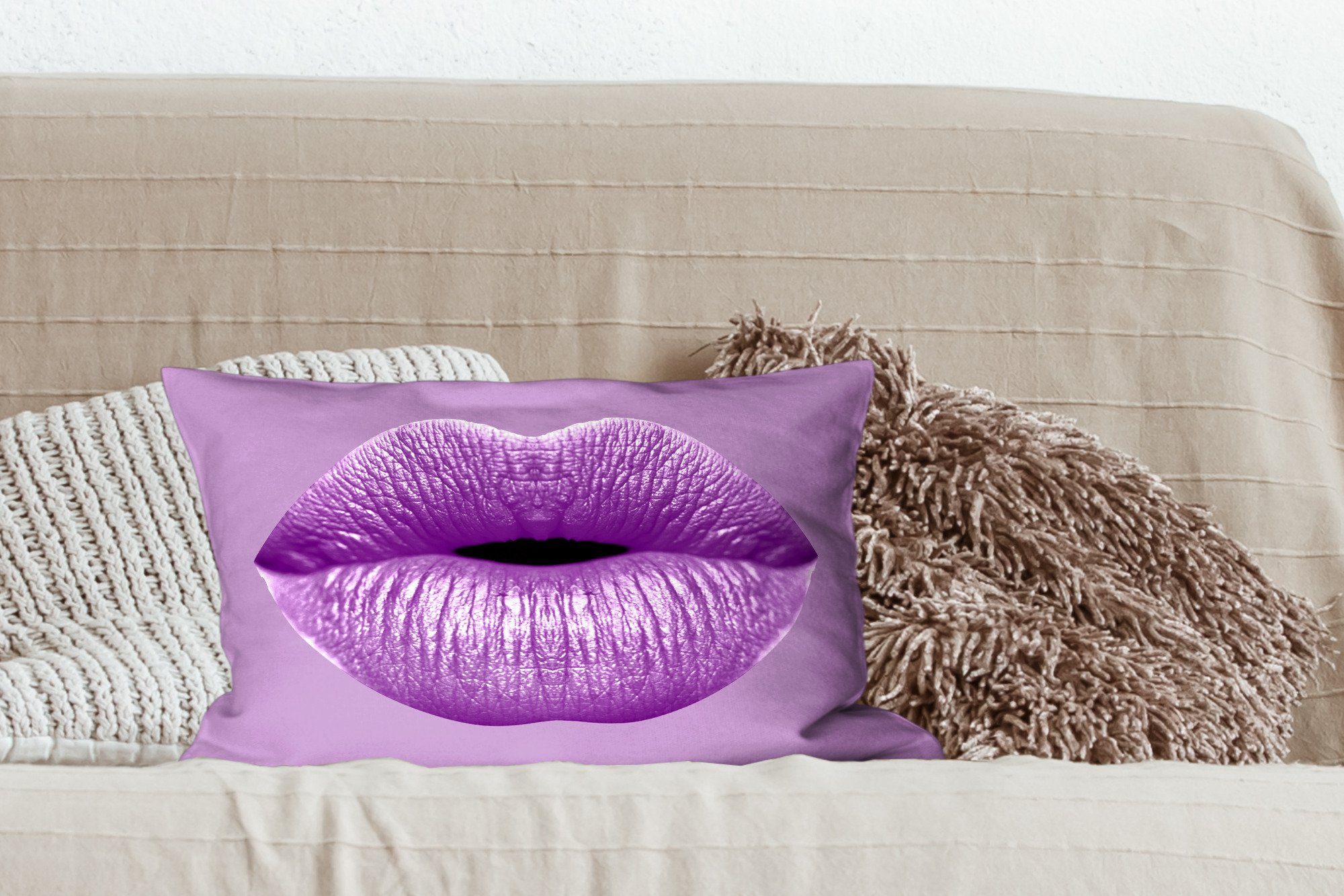 MuchoWow Dekokissen Lippen Füllung, Lila, Dekoration, Zierkissen, Wohzimmer - mit Schlafzimmer - Pastell Dekokissen