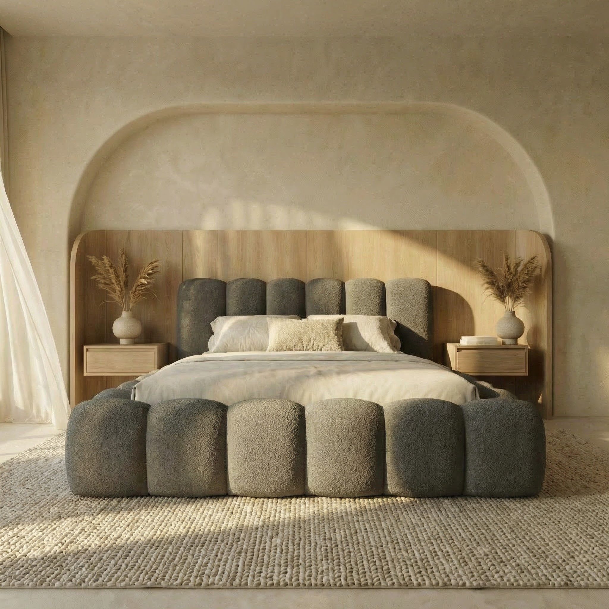 thematys Polsterbett CLOUD mit Bettkasten, 140x200 160x200 180x200 200x200cm (Kopfteil im Modernen-Look – weich, modern und pflegeleicht), hochwertiger Bouclé-Stoff in Ash, Weiß, und Kreme, Inklusive Lattenrost: Holzrahmen,hochwertiger Stoff), hydraulische Klappfunktion für Stauraum