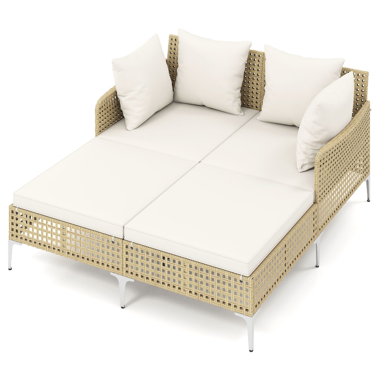COSTWAY Loungebett, Outdoor Sonnenliege 2 Personen Rattan mit Kissen Gartenliege