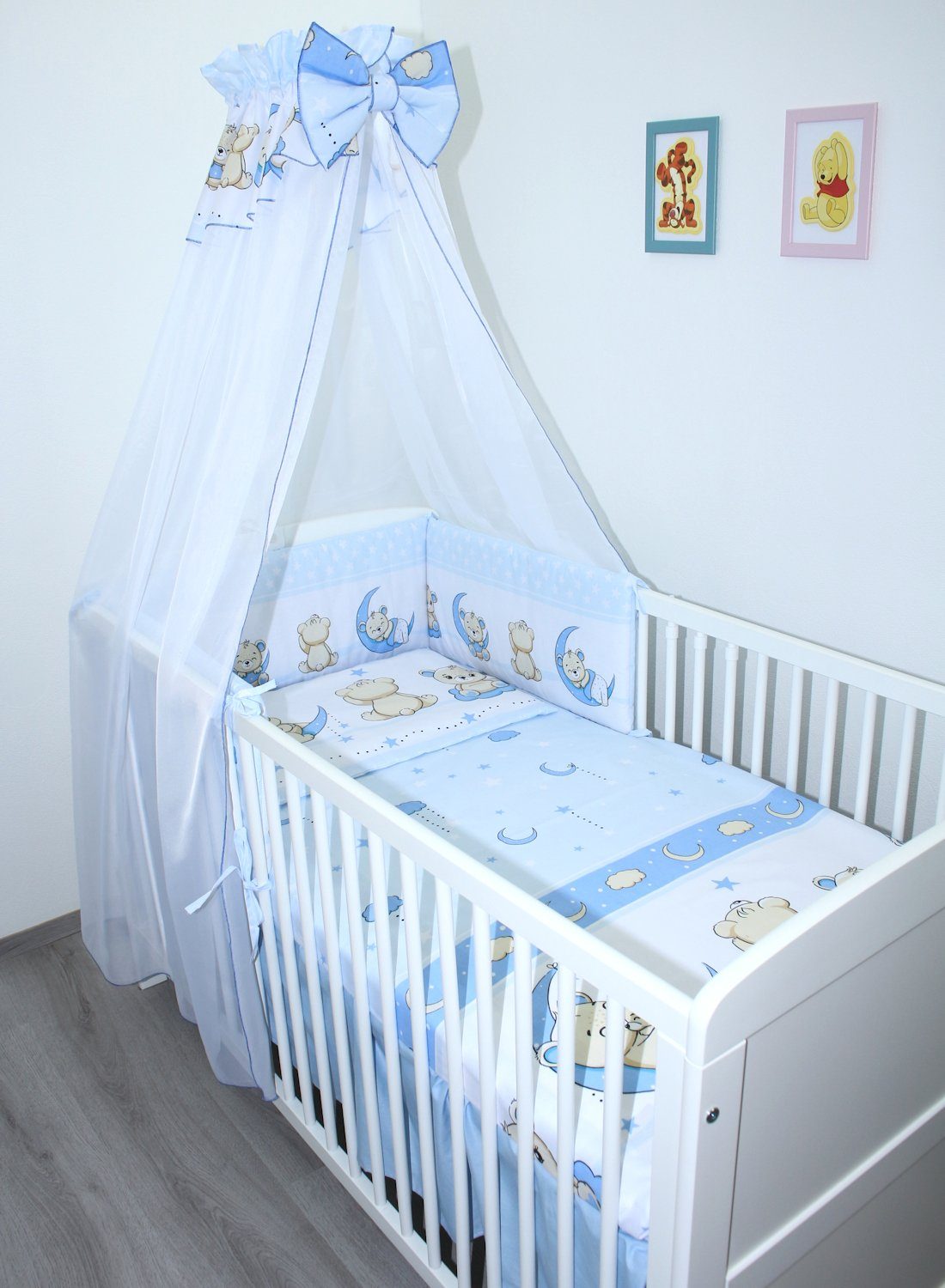 Babybettwäsche Baby Bettset - 6 teiliges Set mit Chiffon Himmel Bettwäsche Nestchen