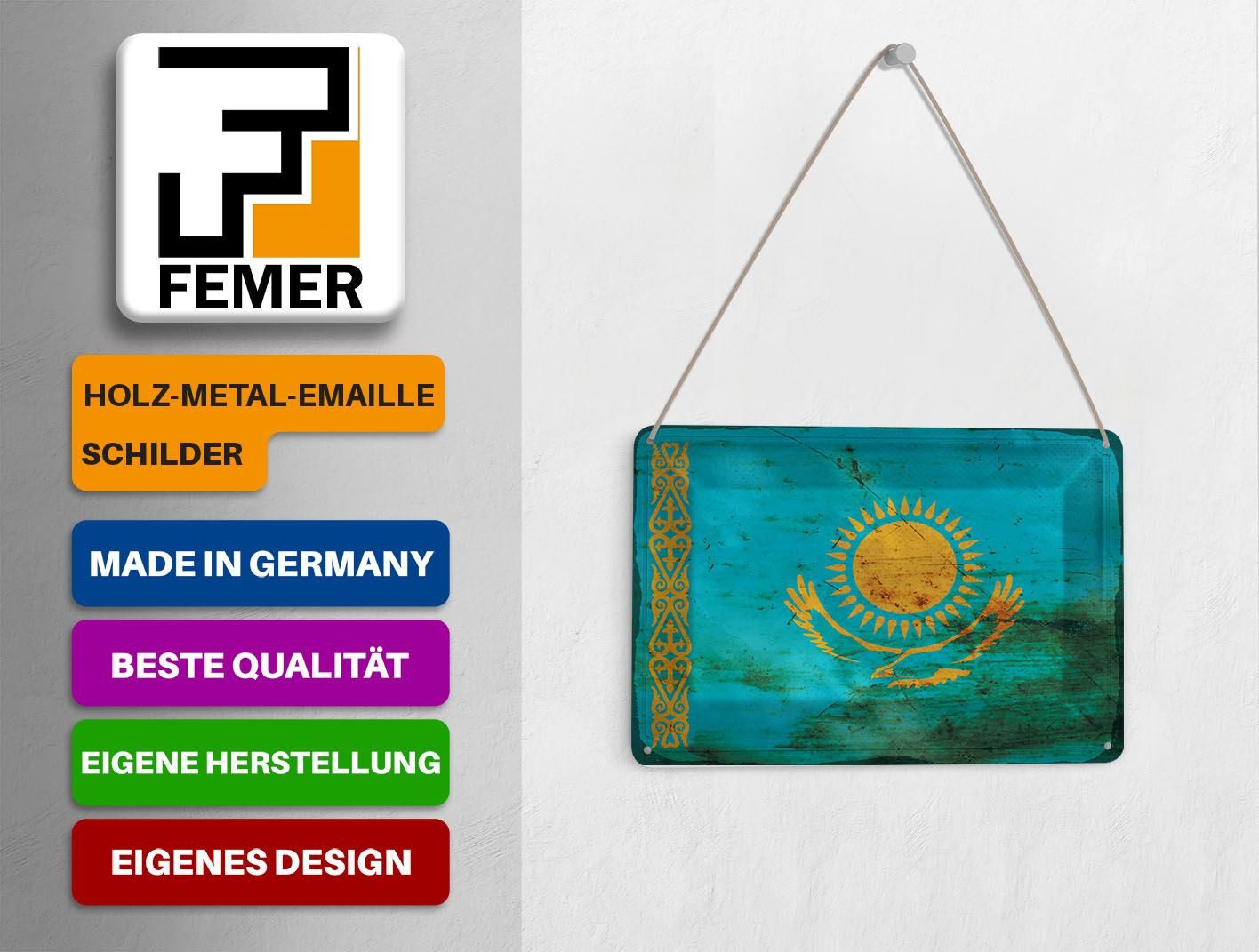 Femer GmbH Postkarte Flagge Kasachstan 14x10 cm Kazakhstan Rost, unfrankiert