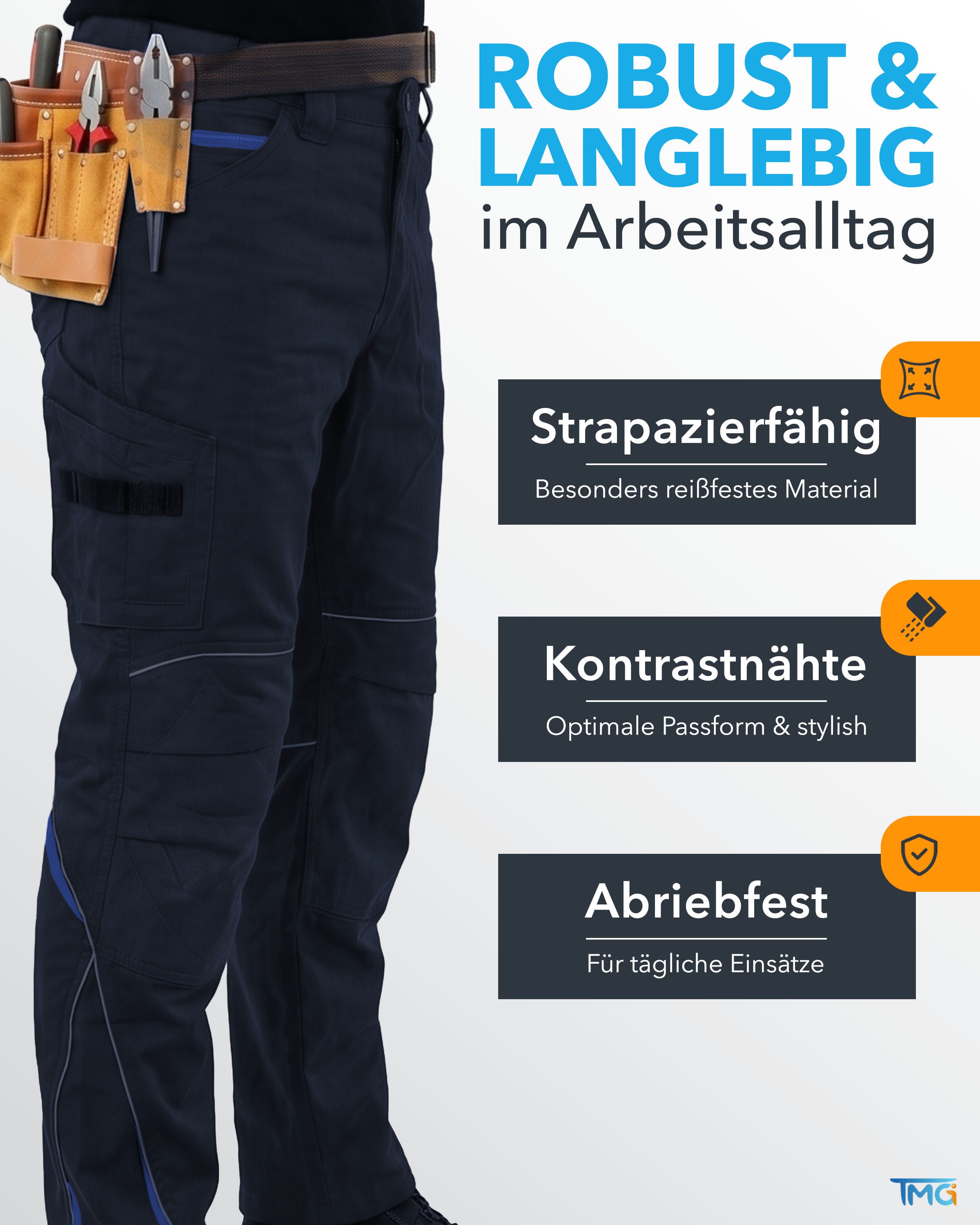 TMG International Arbeitshose Bundhose Cargohose Kultworker Herrenhose gerade und ergonomisch geschnitten - dehnbarer Hosenbund - bis Gr. 82
