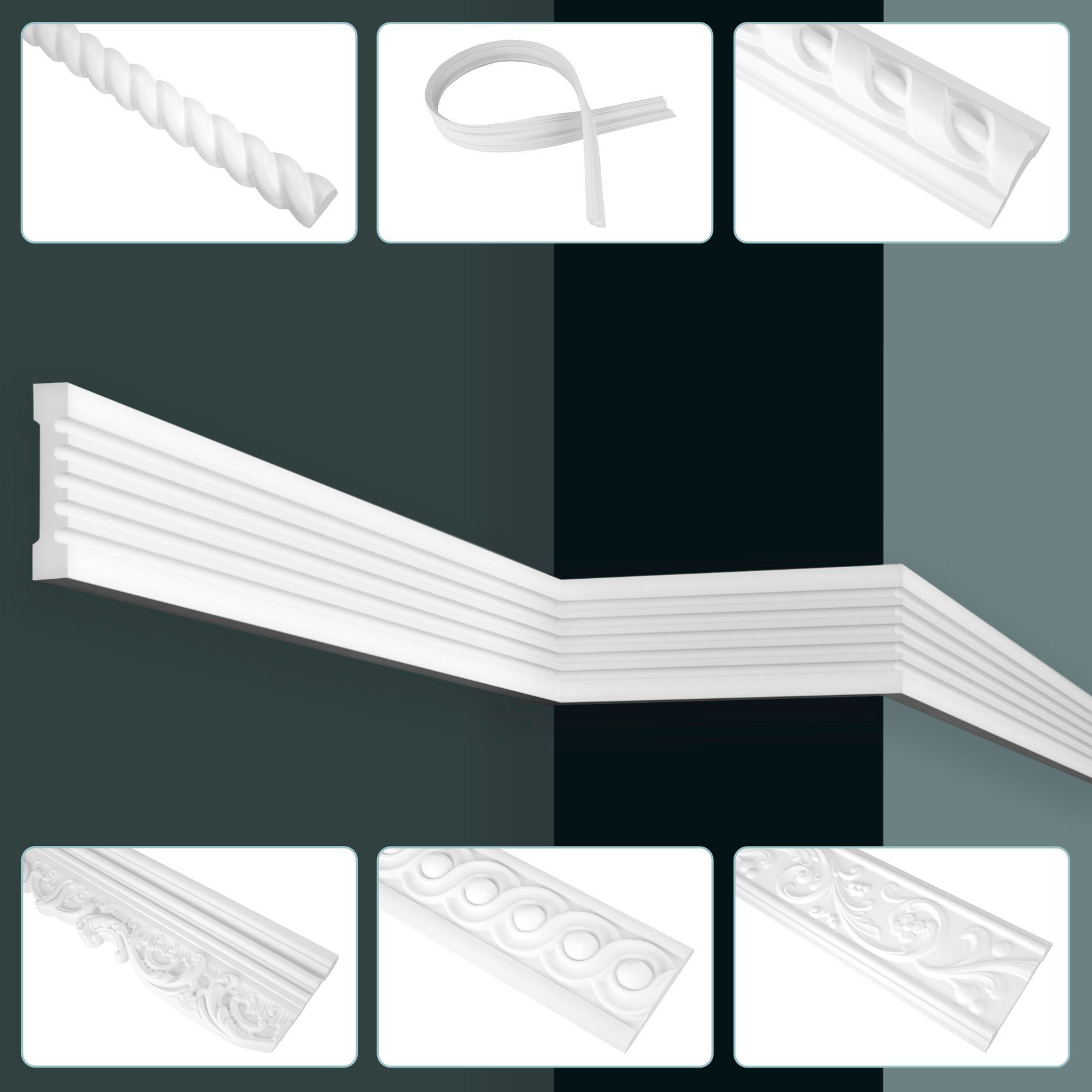 Hexim Stuckleiste, 2 Meter / 1 Leiste, Stuckleisten Wand flach, PU Hartschaum & Flexibel - 2m Wandleisten modern glatt Stuckrahmen Stuck Bilderrahmen (2 Meter weiß)
