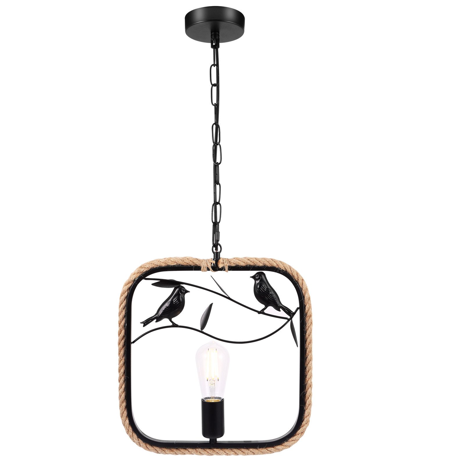 BlingBin Pendelleuchte Retro Hanfseil Hängelampen, Vogelmuster E27 Pendellampe, Kronleuchter, Höhenverstellbare, ohne Leuchtmittel, Verstellbare Pendelleuchte für Küche, Schlafzimmer, Bar, Café