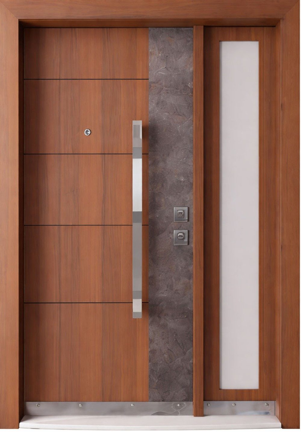 Xlmoebel Haustür Braune Eingangstür aus Holz und Stahl mit Milchglas-Elementen, Made in Europa