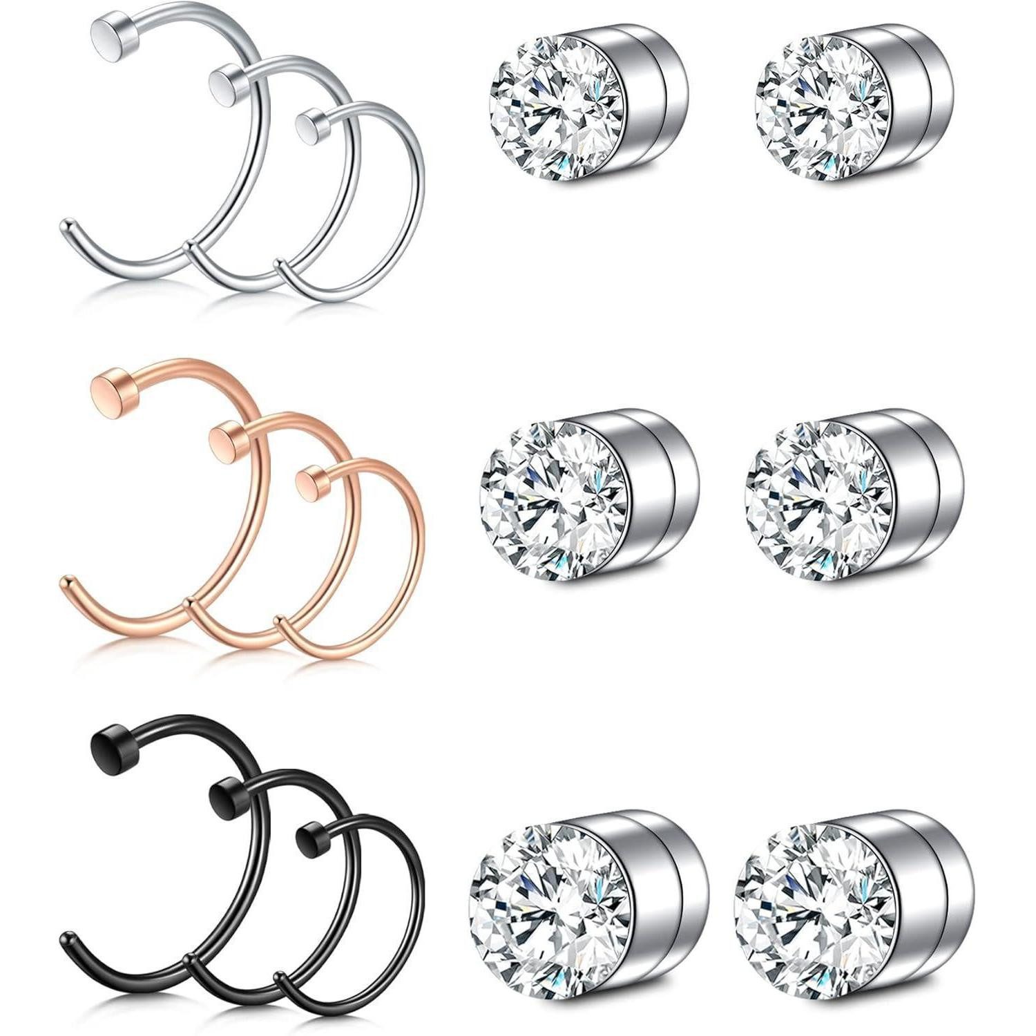 LuxusKollektion Nasenpiercing Fake Nasenring Set 15 Stück Edelstahl magnetisch CZ 6mm 8mm 10mm
