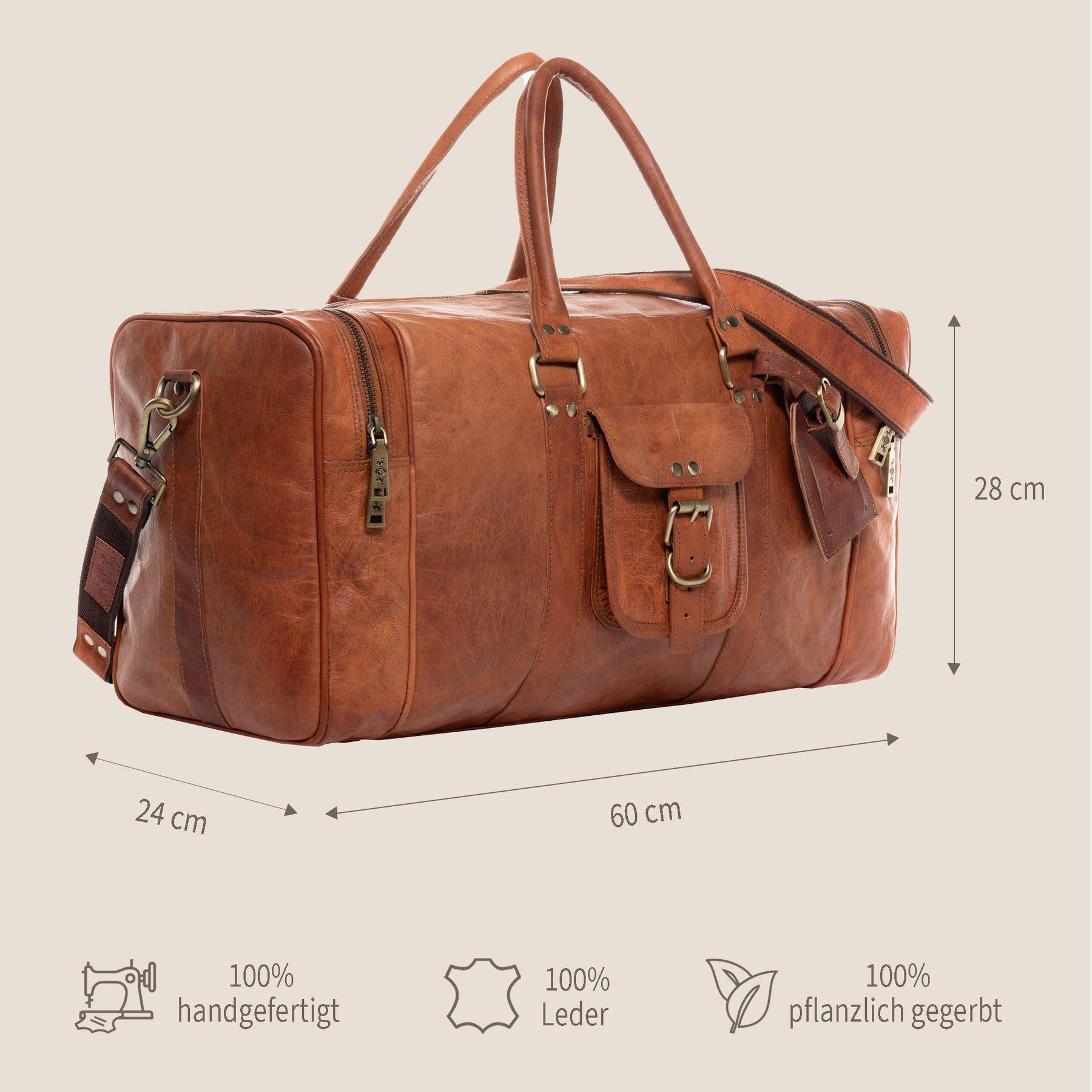SID & VAIN Reisetasche Weekender aus Leder Unisex LANDON in kastanie (1x Reisetasche, 1x Schultergurt, 1x Dustbag, 1x Adressanhänger), Hochwertige Reisetasche Z – Bild 4 von 5