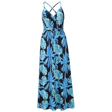 BlauWave Dirndl Bohemian Floral Halter Kleid (1-tlg., Geeignet für Abendparty) Bedruckte ärmellose V-Ausschnitt Strand Abendkleider